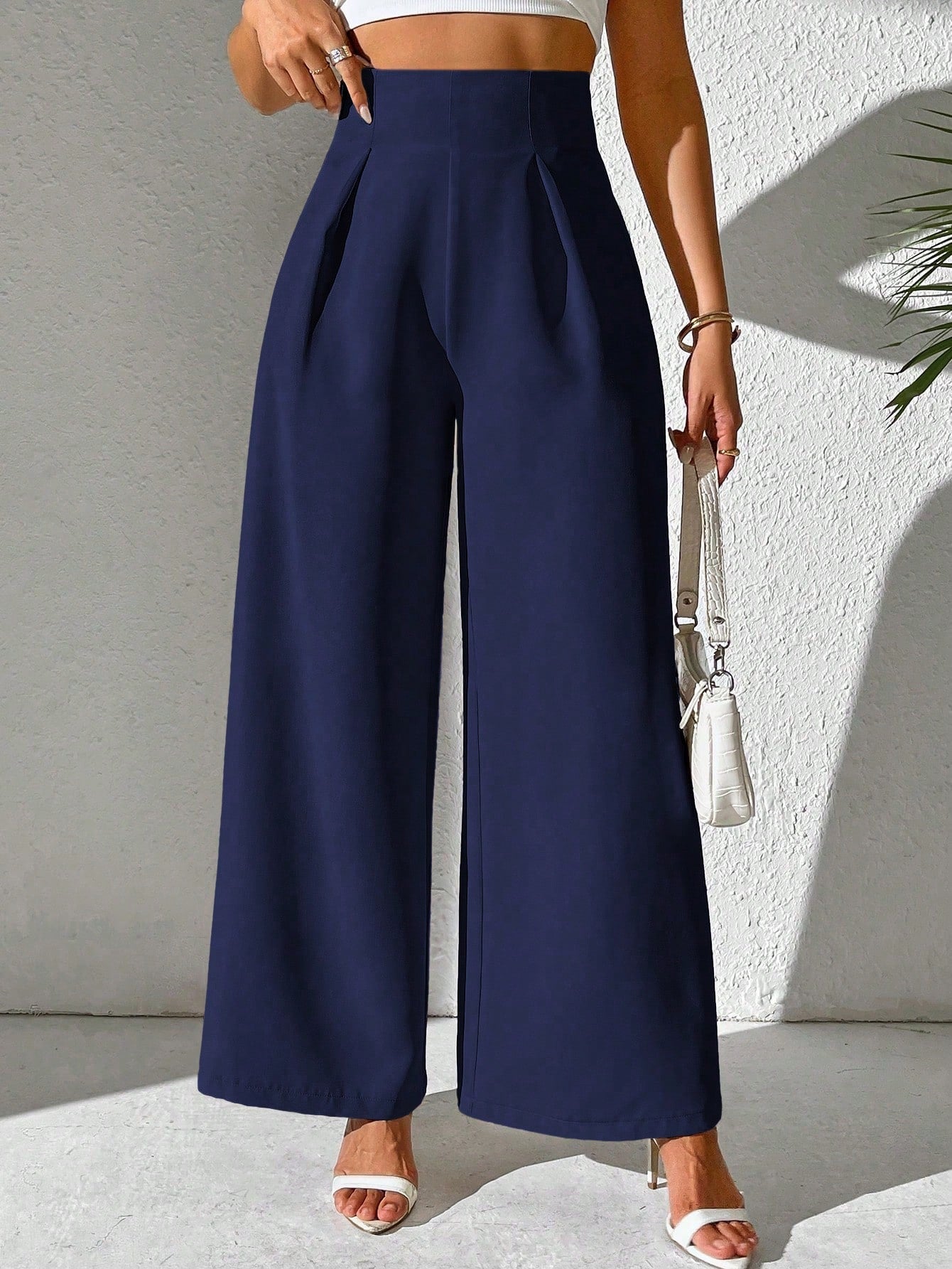 Women Wide Leg Casual Pants With Textured Solid Color Fabric