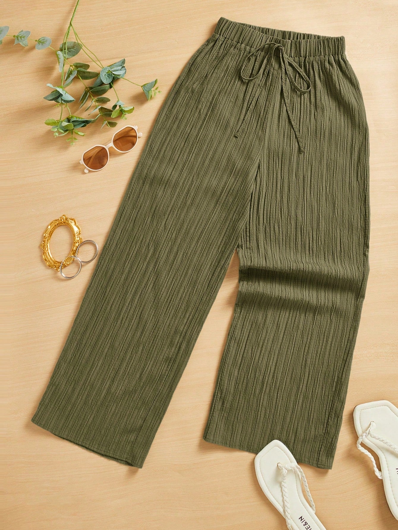 Summer Casual Textured Wide-Leg Capri Pants