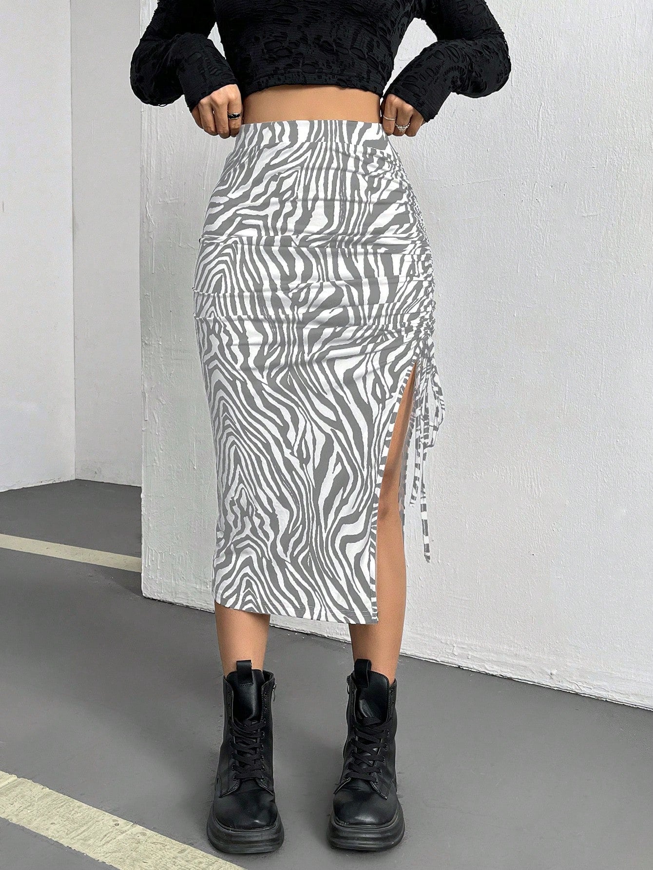 Coolane Women'S Drawstring Pleated Zebra Pattern High Slit Skirt