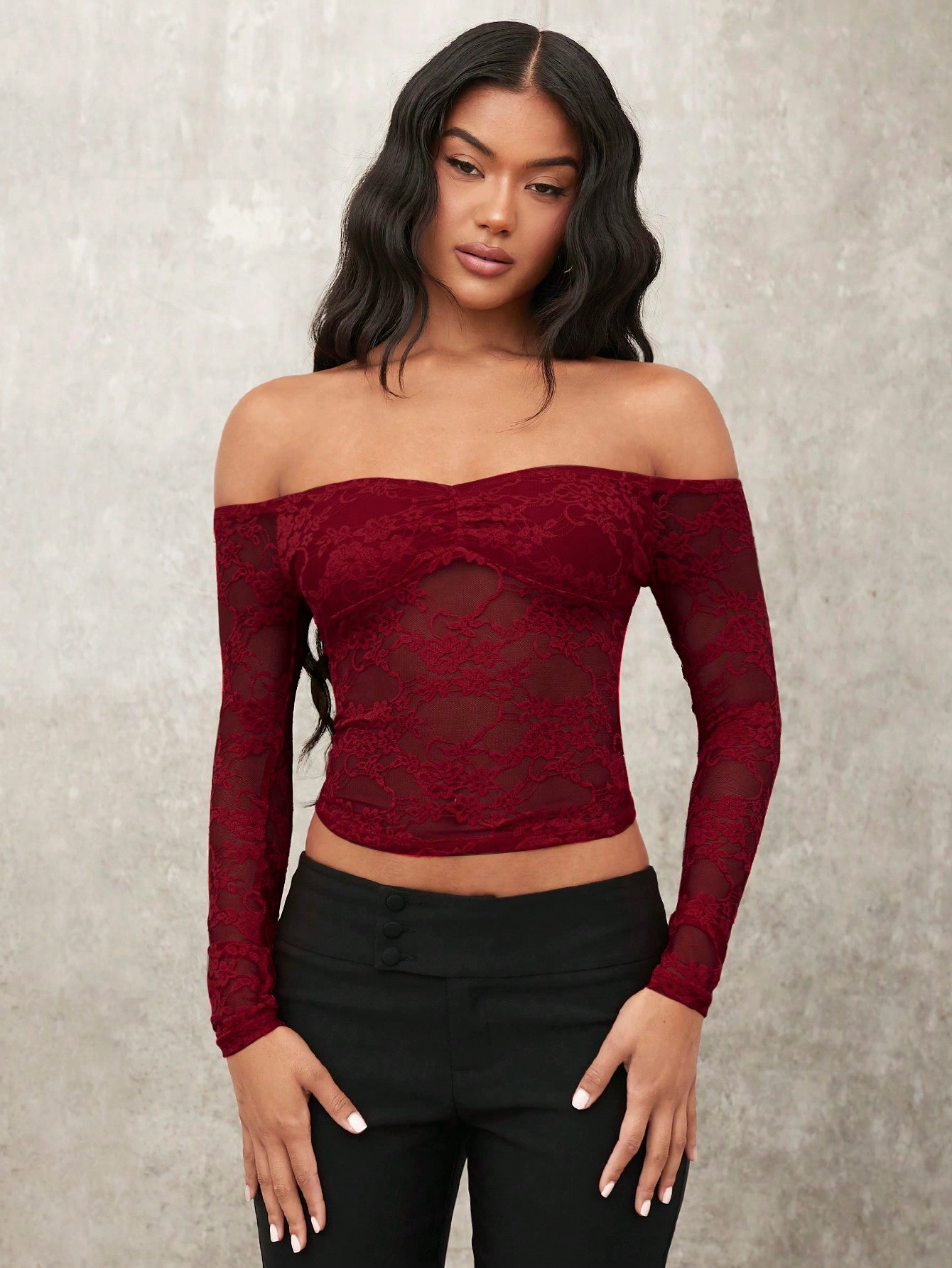 Romantic Date Sexy Long Sleeve Solid Color Lace See-Through Off-Shoulder Women's Top, Summer