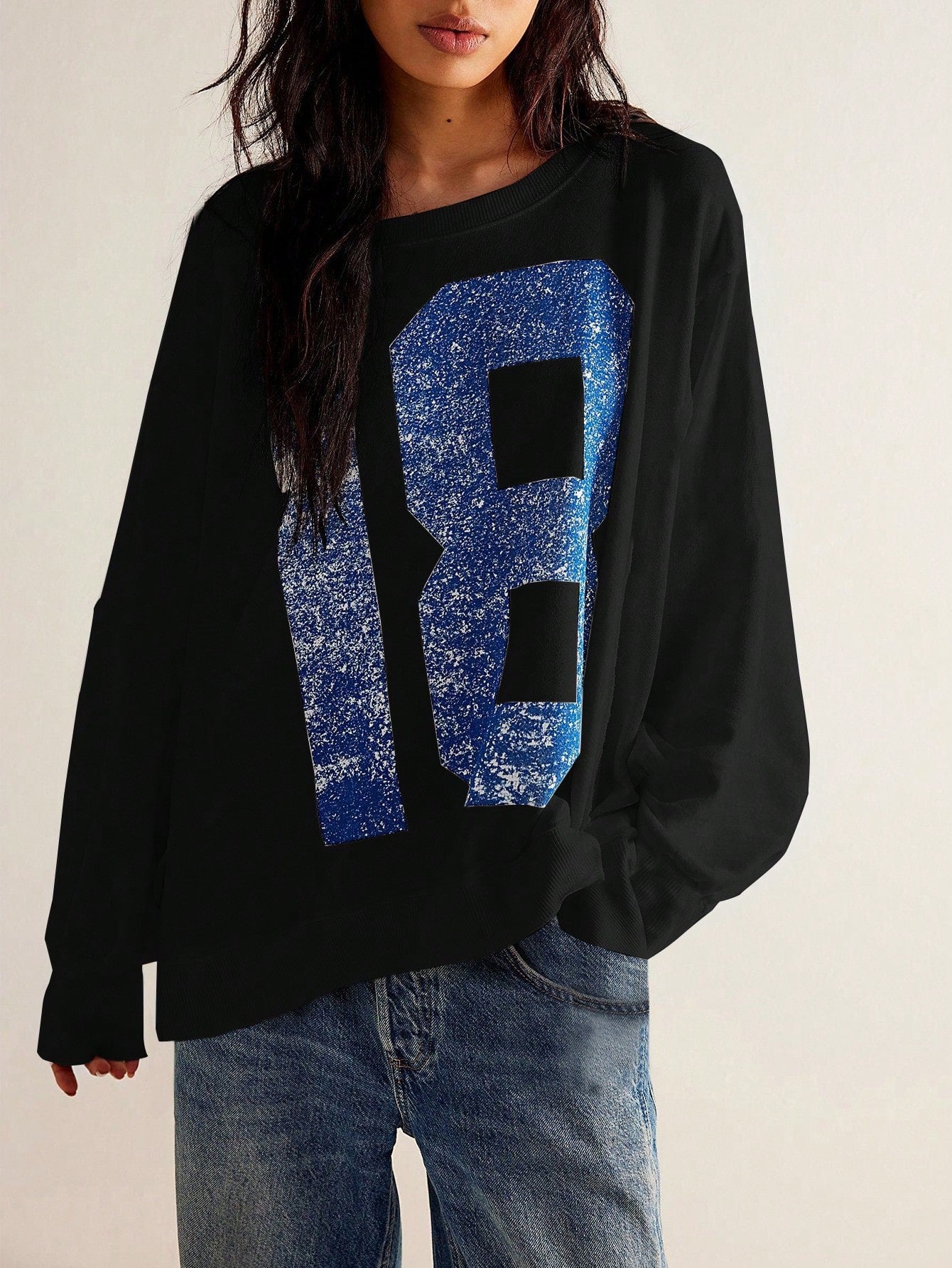 Numeric Print Round Neck Pullover Sweatshirt Fall Women Clothing