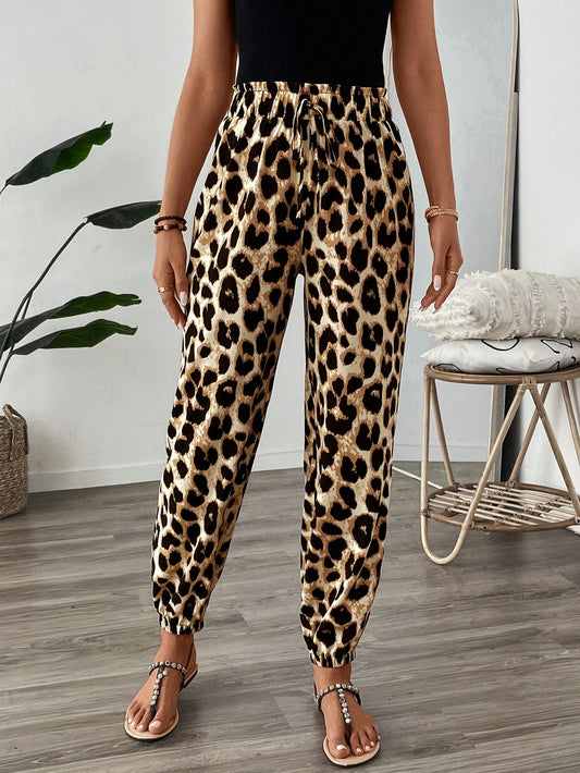 Women's Retro Leopard Print Drawstring Waist Elastic Hem Casual Vacation Pants