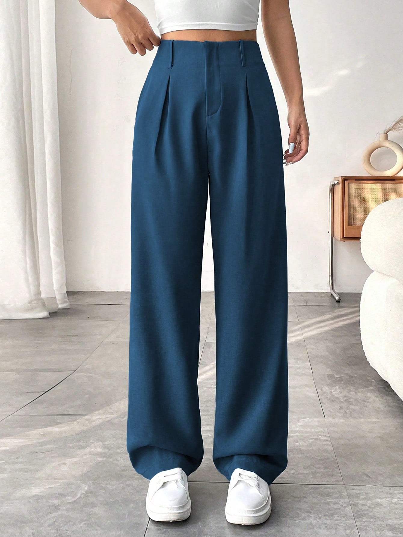 Women Solid Color Wide-Leg Pants With Pockets