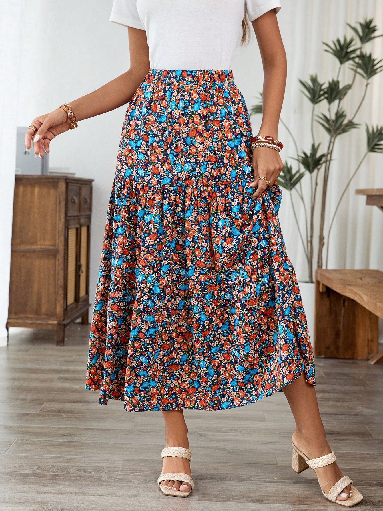 Women's Patchwork Floral Print Long Midi Skirt