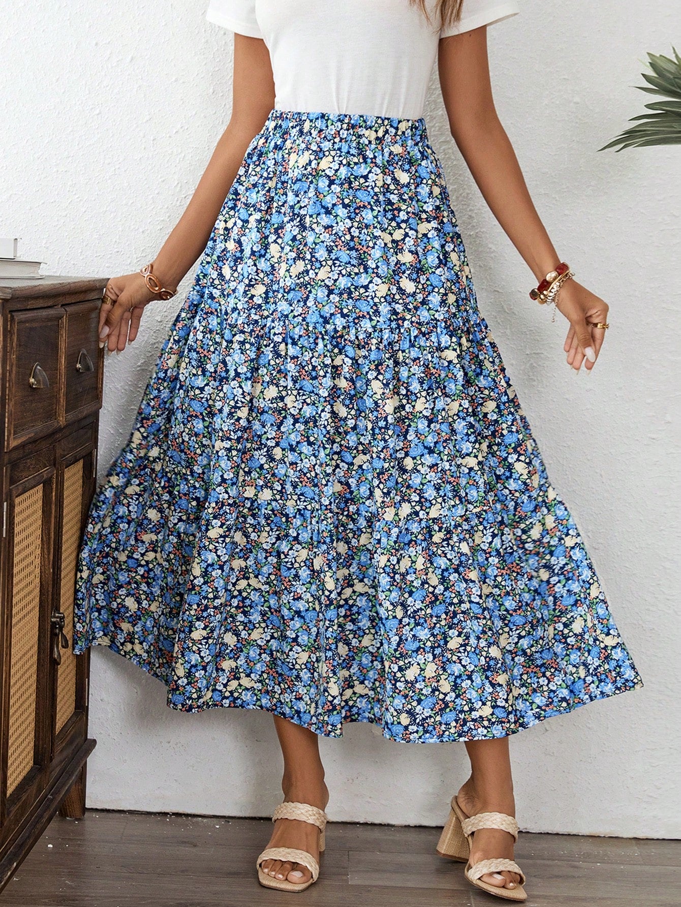 Women's Patchwork Floral Print Long Midi Skirt