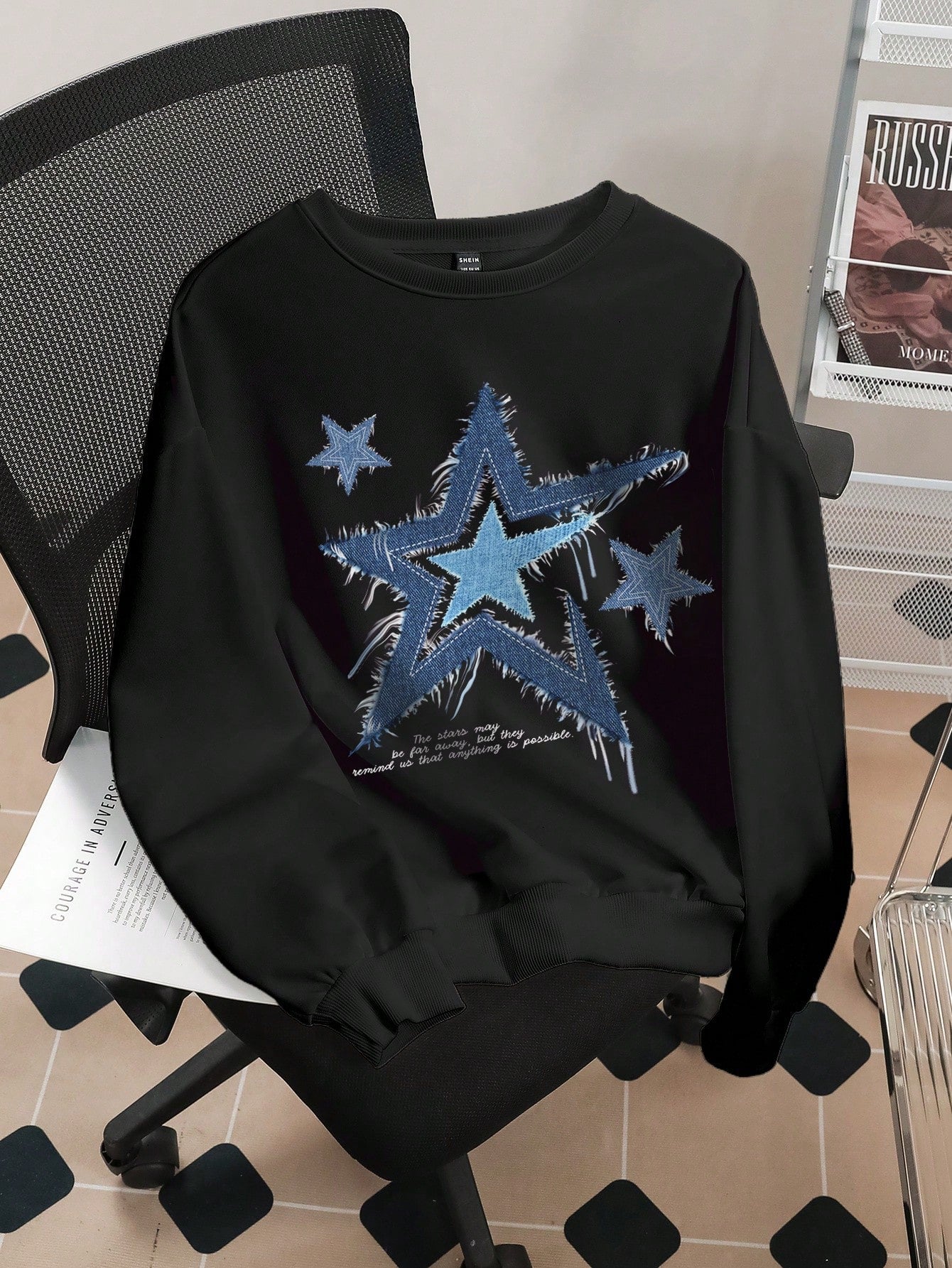 Casual Blue Star Print White Round Neck Long Sleeve Oversize Loose Women's Sweatshirt With Applique Each Star Is Unique And Shines Brightly Eternal Light