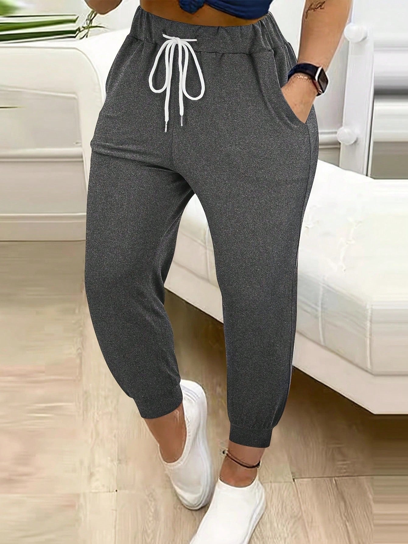 Drawstring Waist Pocketed Joggers, Casual Daily Wear Long Pants