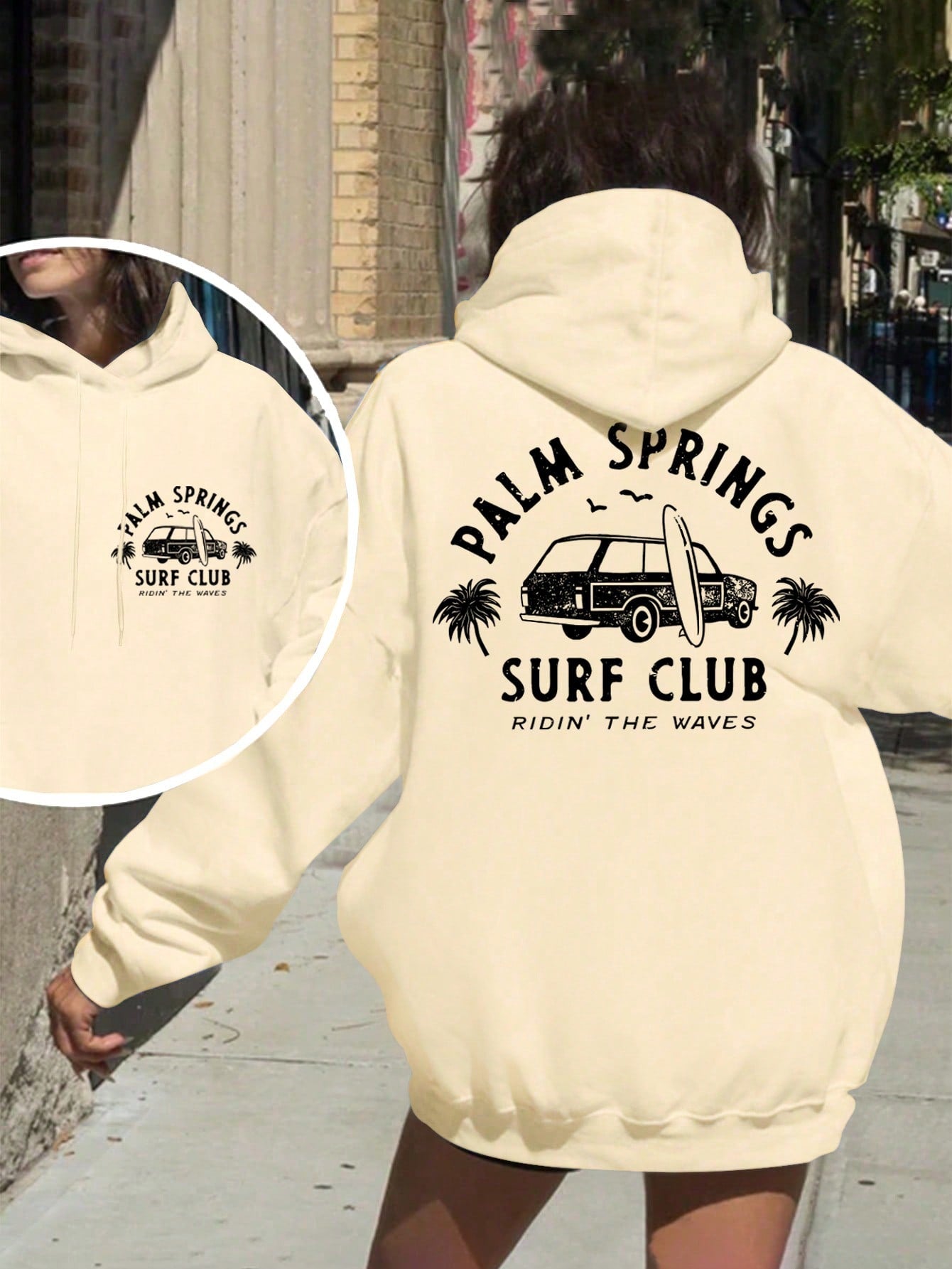 Oversized Palm Springs Surfing Coconut Slogan Printed Hoodie For Women