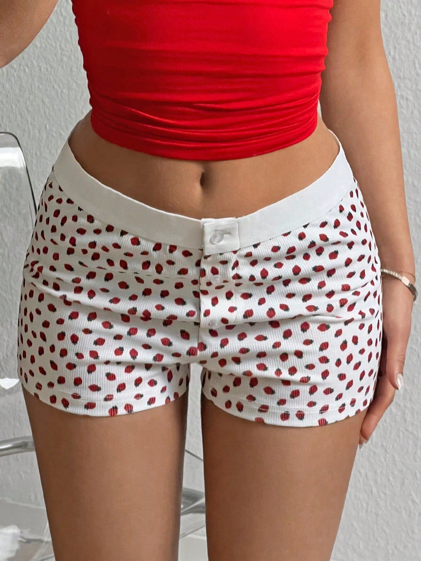 Summer Casual Strawberry Printed Patchwork Slim Fit Ultra-Short Shorts