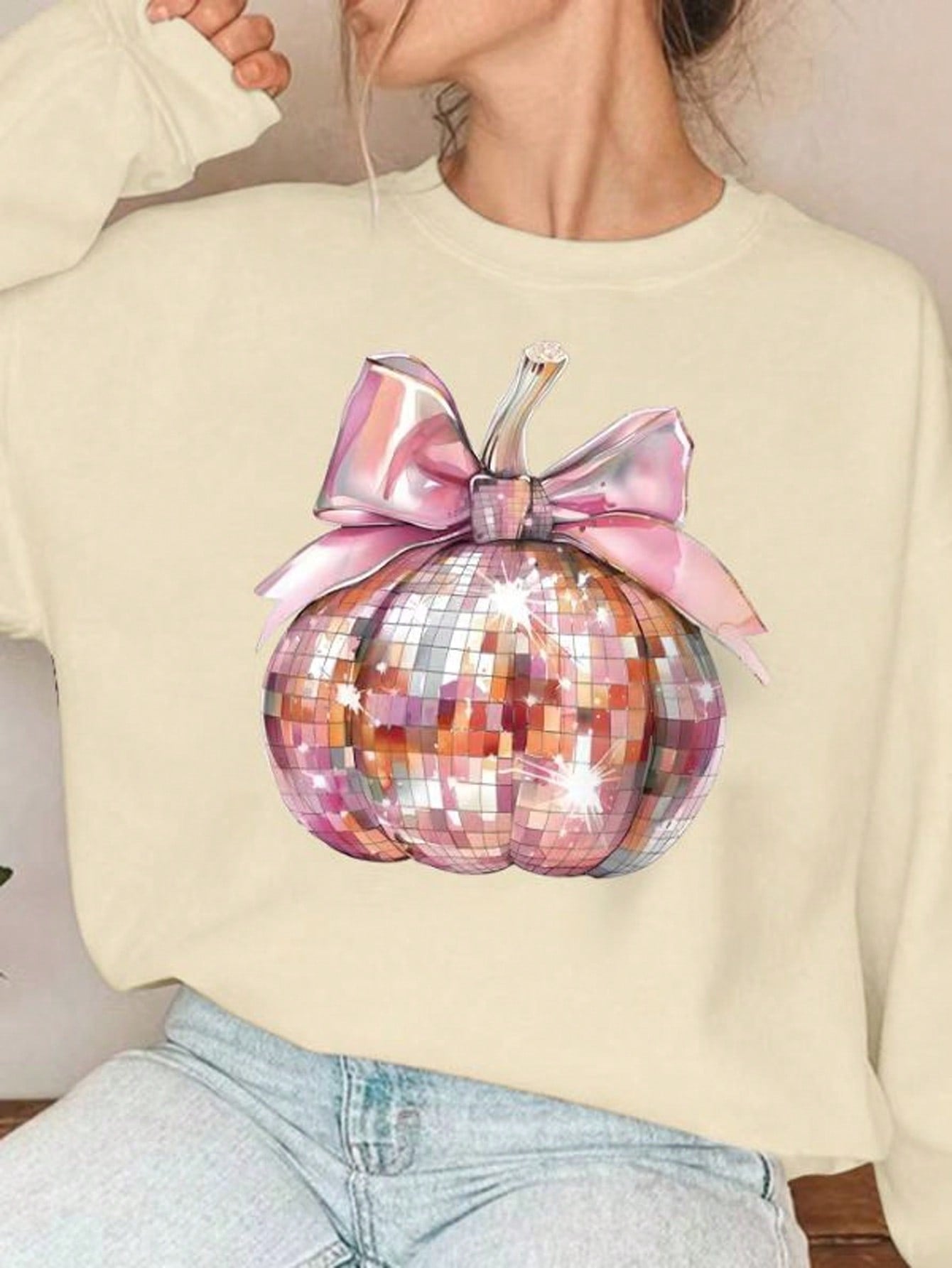 Women's Crew Neck Long Sleeve Pumpkin Print Simple Sweatshirt, Casual Daily Wear