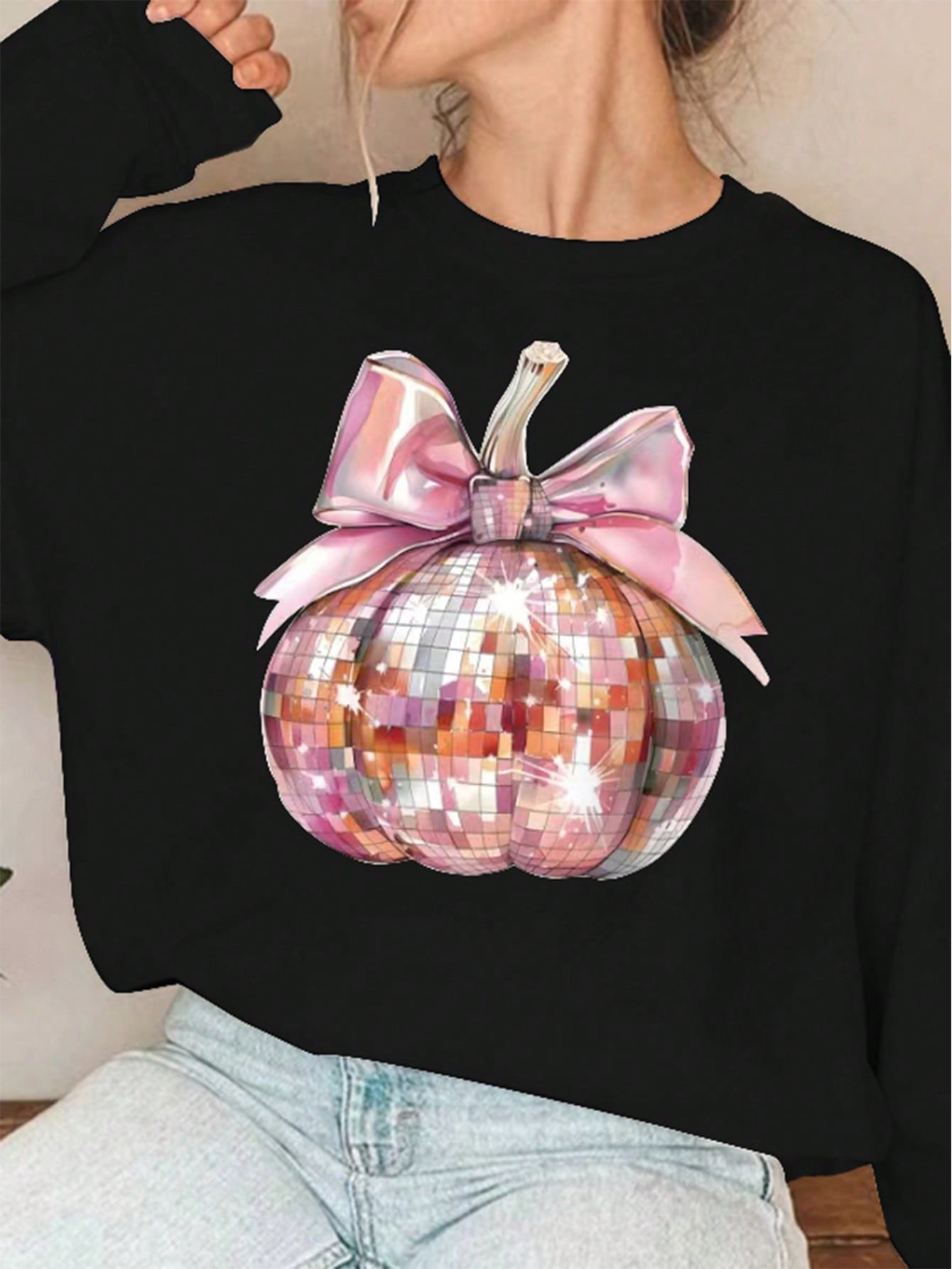 Women's Crew Neck Long Sleeve Pumpkin Print Simple Sweatshirt, Casual Daily Wear