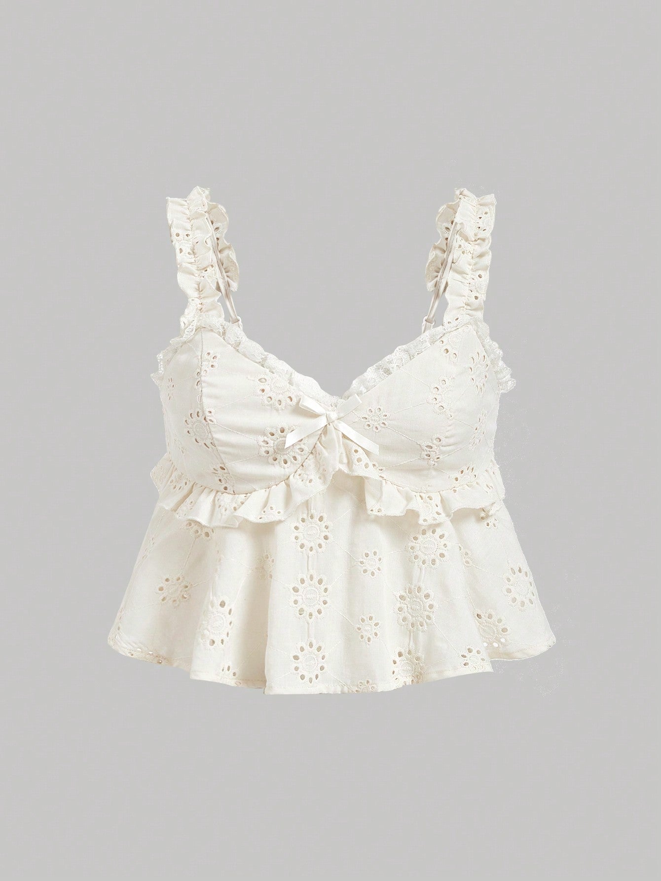 White Pleated Eyelet Embroidery Hollow Out Summer Holiday A-Line Sleeveless With Bowknot, Cute Tank Top,Comfy Tank Top,Flowy Tank Top