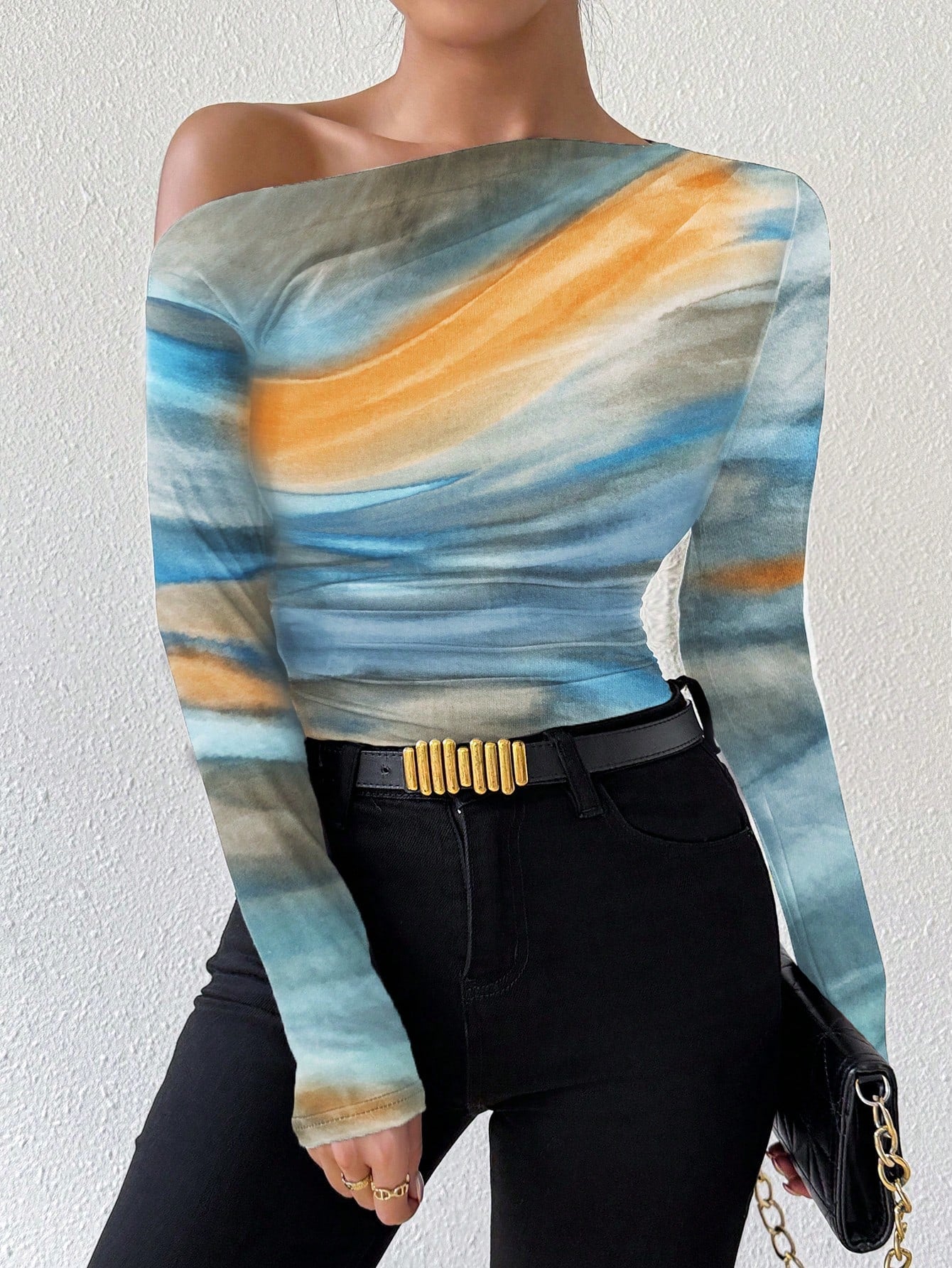 Raffinéa Marble Gradient Print Asymmetric Asymmetrical Neck Long Sleeve T-Shirt With Pleats