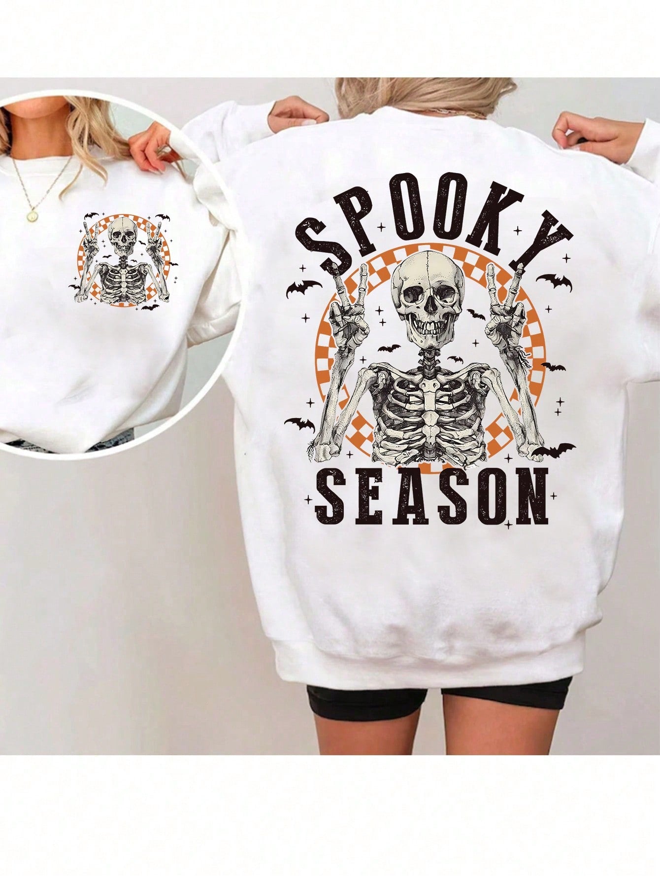 Oversized Halloween Sweatshirt With Front And Back Horror Theme Prints, Vintage Halloween, Skeleton, Horror