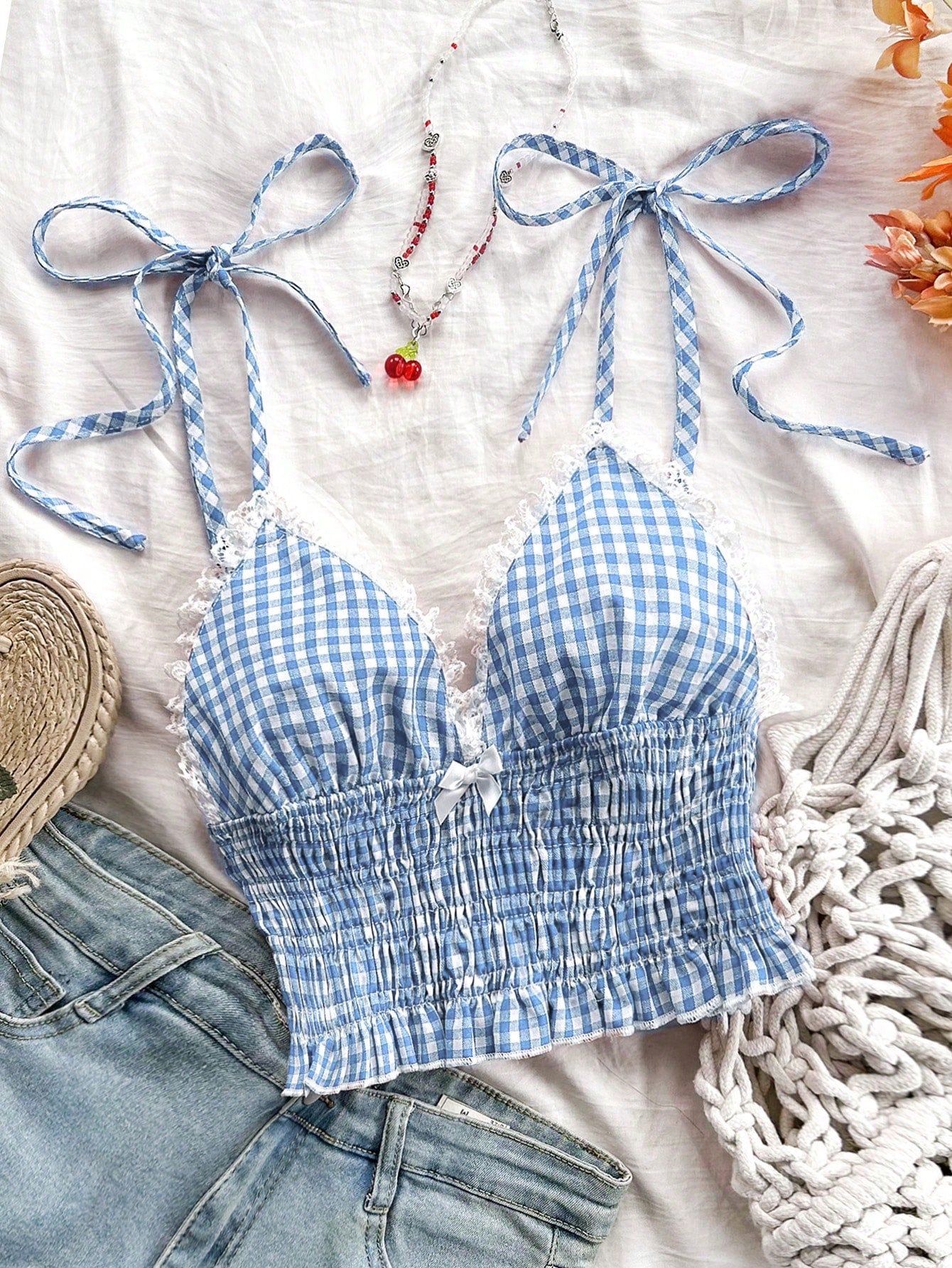 Red Plaid Lace-Up Waist Butterfly Bow Tie Pleats Ruffle Romantic Casual Countryside Vacation Women's Camisole Summer Clothes