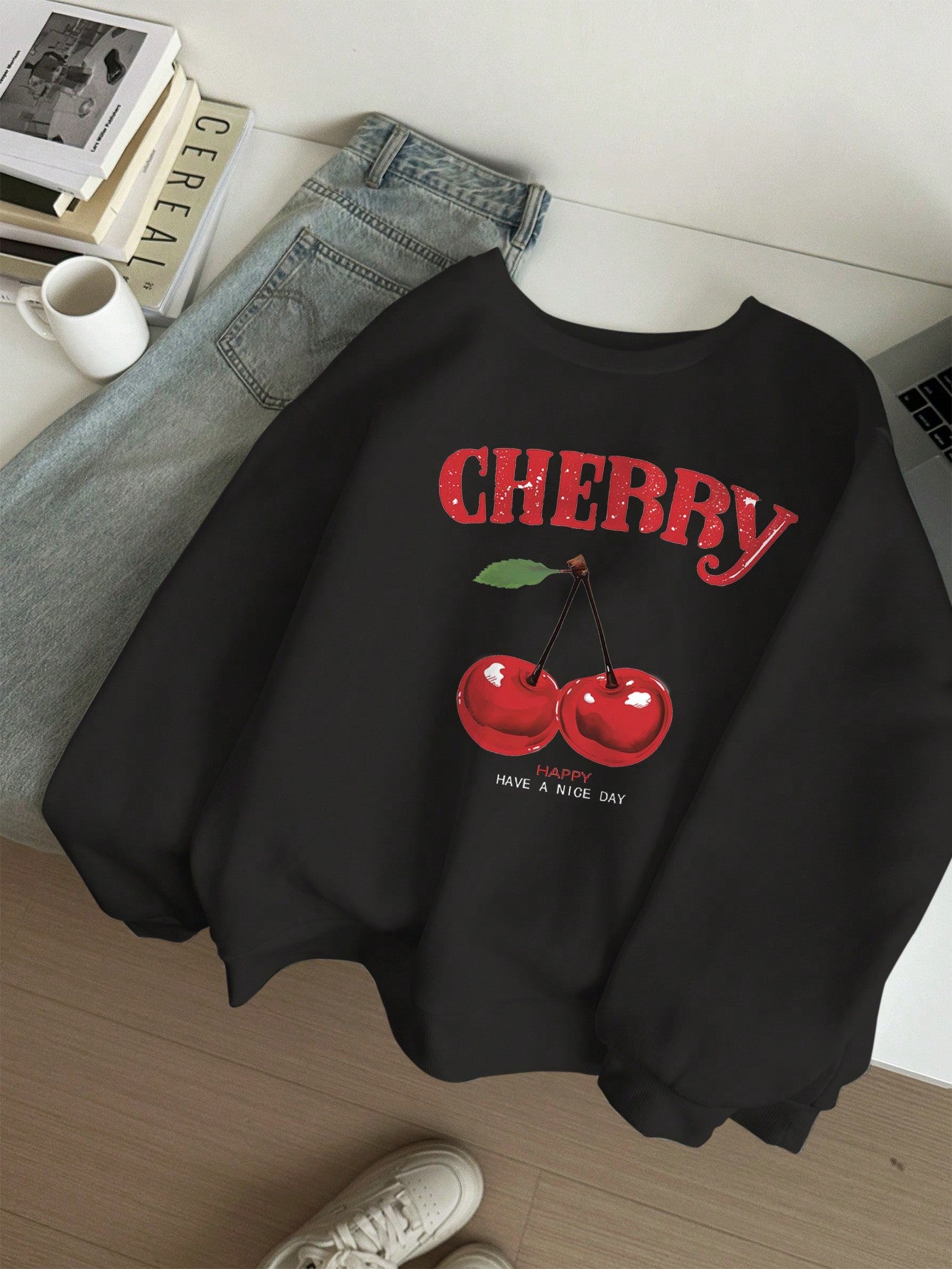 Casual And Minimalistic White Cherry Printed Round Neck Loose Women's Sweatshirt With Long Sleeves