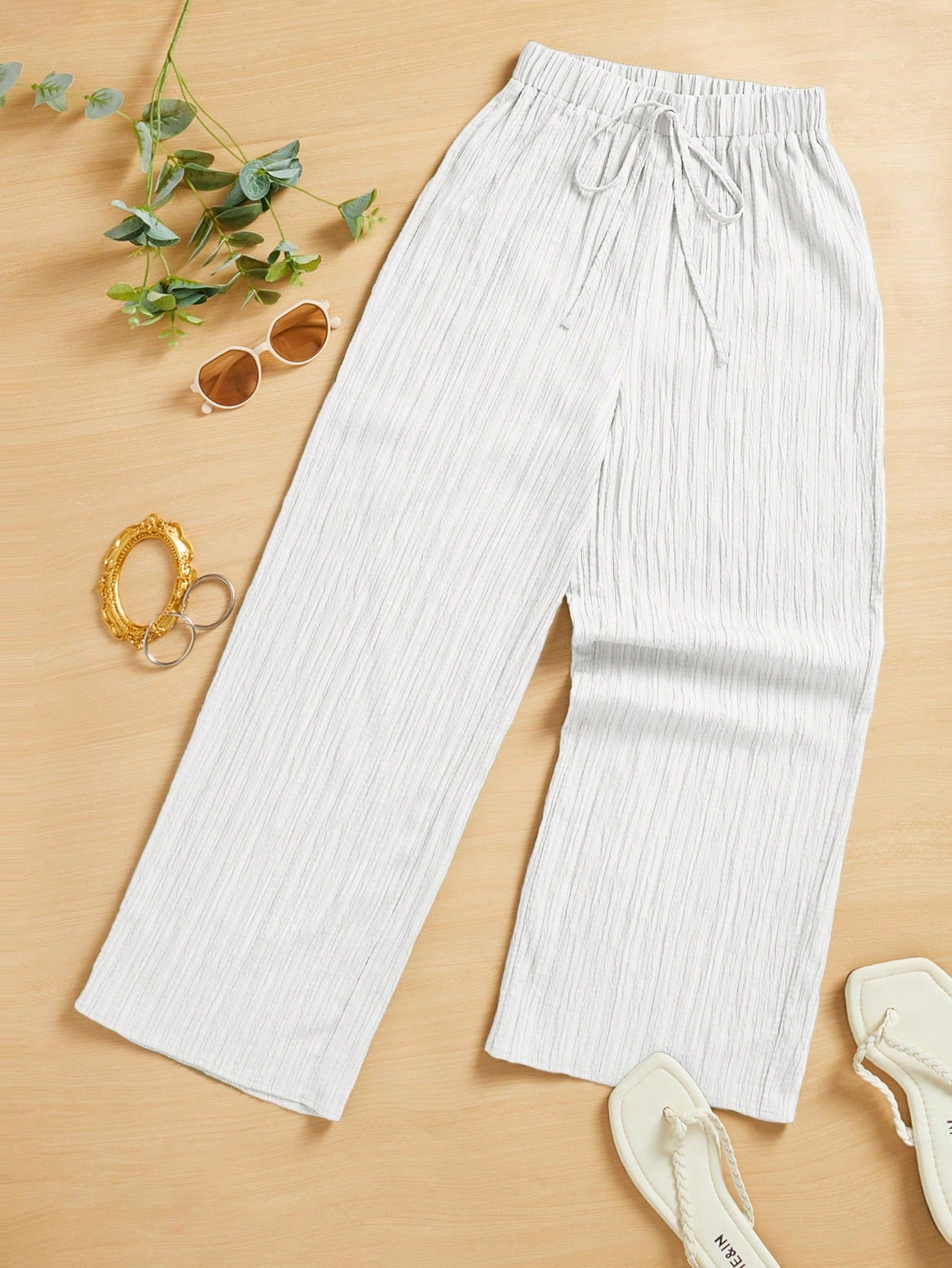 Summer Casual Textured Wide-Leg Capri Pants