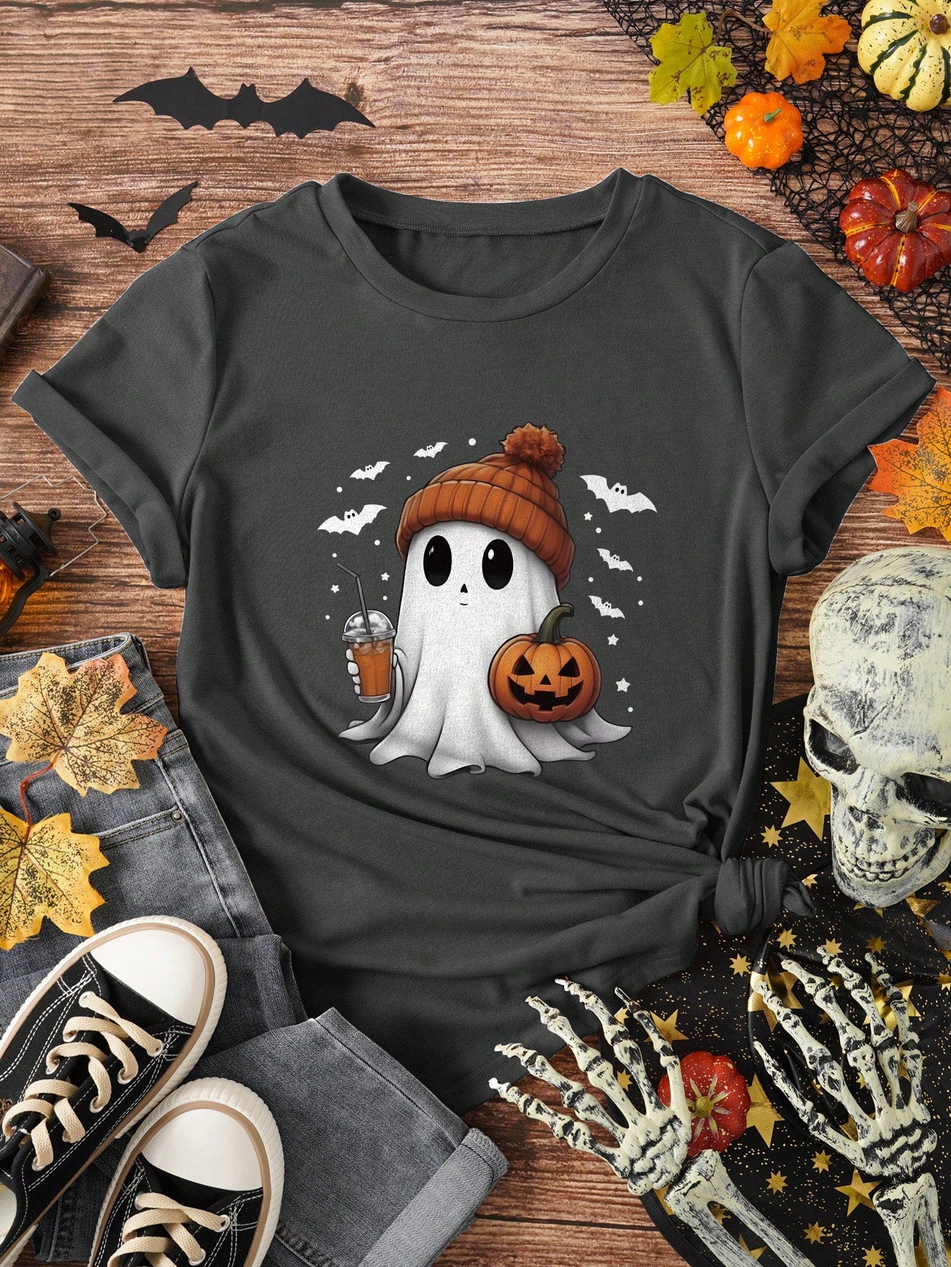 Relaxiva Cute Halloween Ghost Graphic T-Shirt, Pumpkin Halloween Short Sleeve Casual Tee