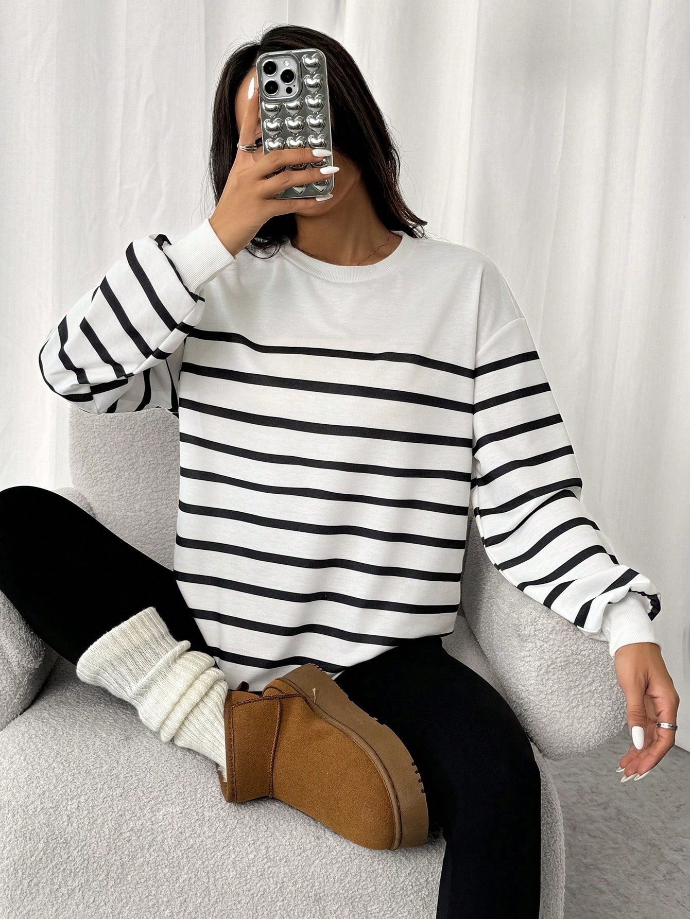 Spring White Striped Print Drop Shoulder Sweatshirt Hoodie