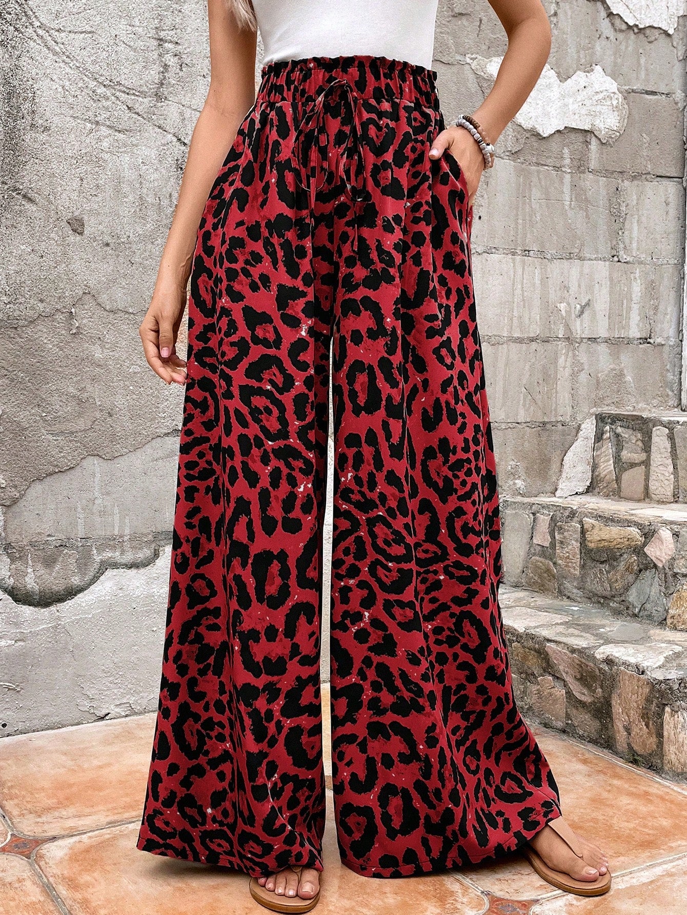 Women Fashionable High Waist Leopard Print Super Wide-Leg Pants