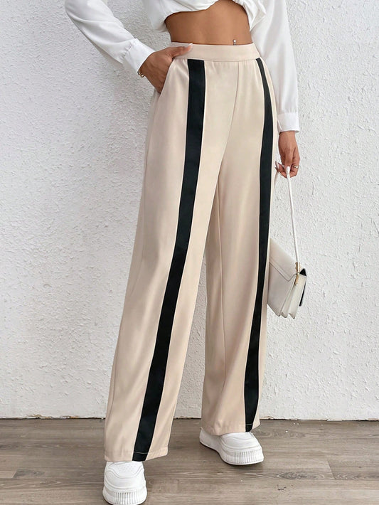 Relaxiva 2024 Autumn/Winter New Arrival, Casual Elegant Beige & Black Color-Block Straight High-Waist Pants, Same Style As Blogger