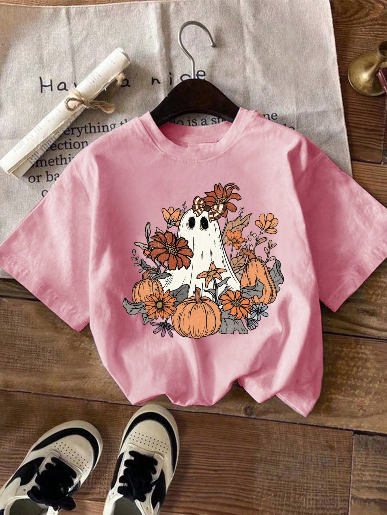 Women Pumpkin Ghost Print Round Neck Short Sleeve T-Shirt