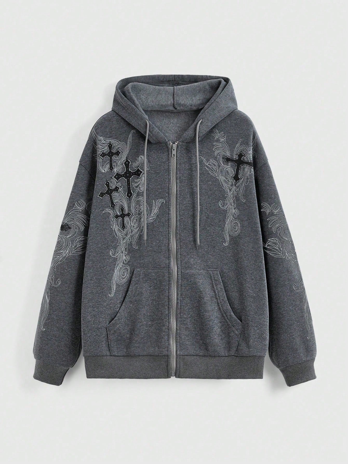 Punk Cross Print Zip Up Drawstring Thermal Lined Hoodie, School