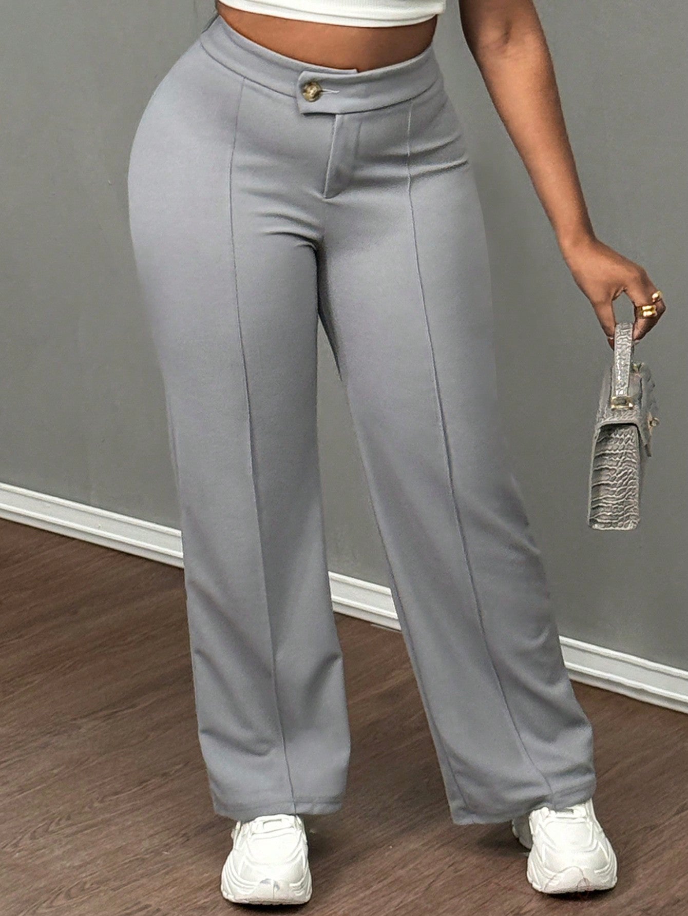 Women's Elegant Asymmetrical Waist Button And Zipper Closure Straight-Leg Trousers - C