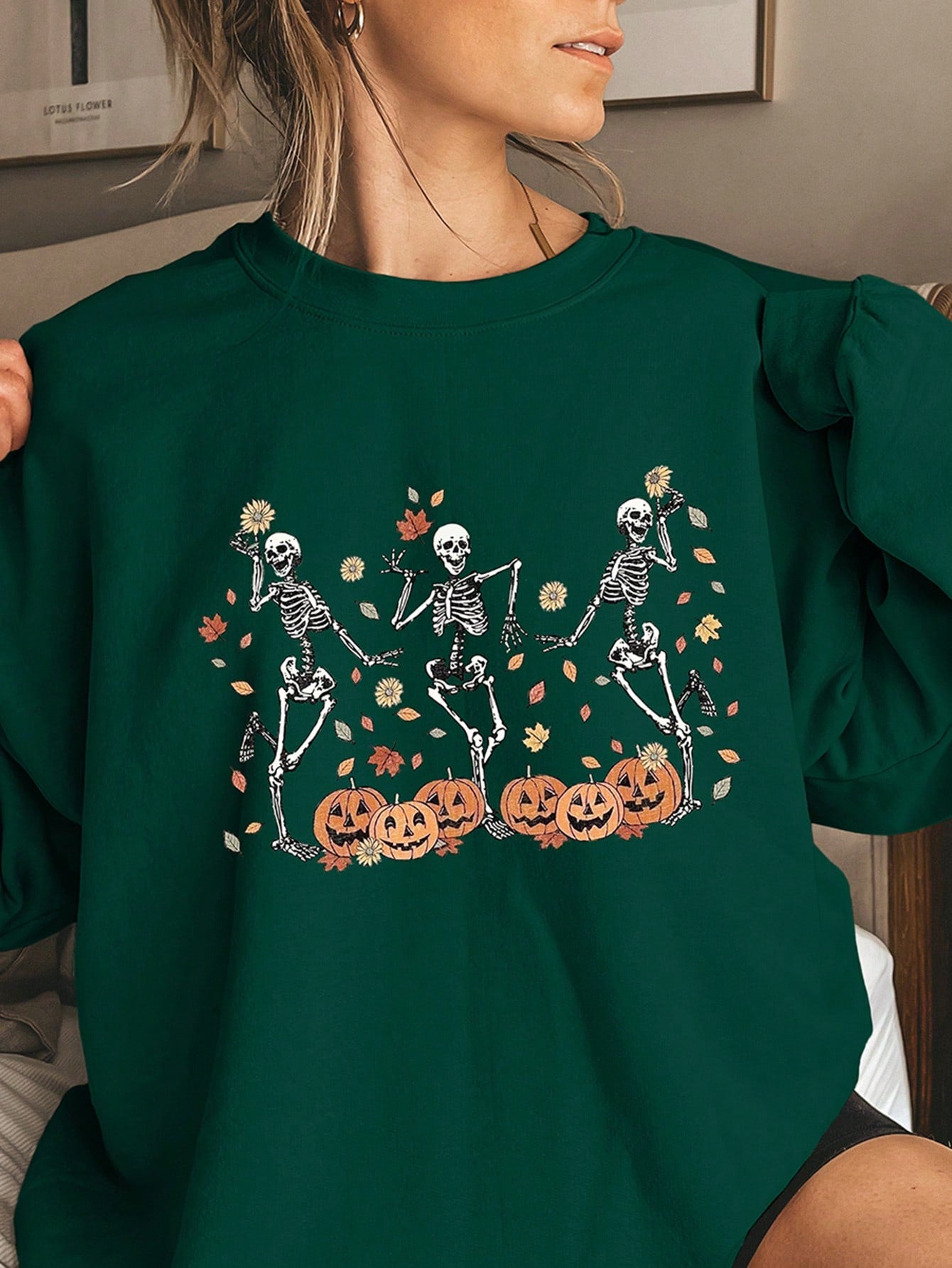 Women's Spring And Autumn Pumpkin Skull Print Round Neck Drop Shoulder Long Sleeve Casual Loose Sweatshirt