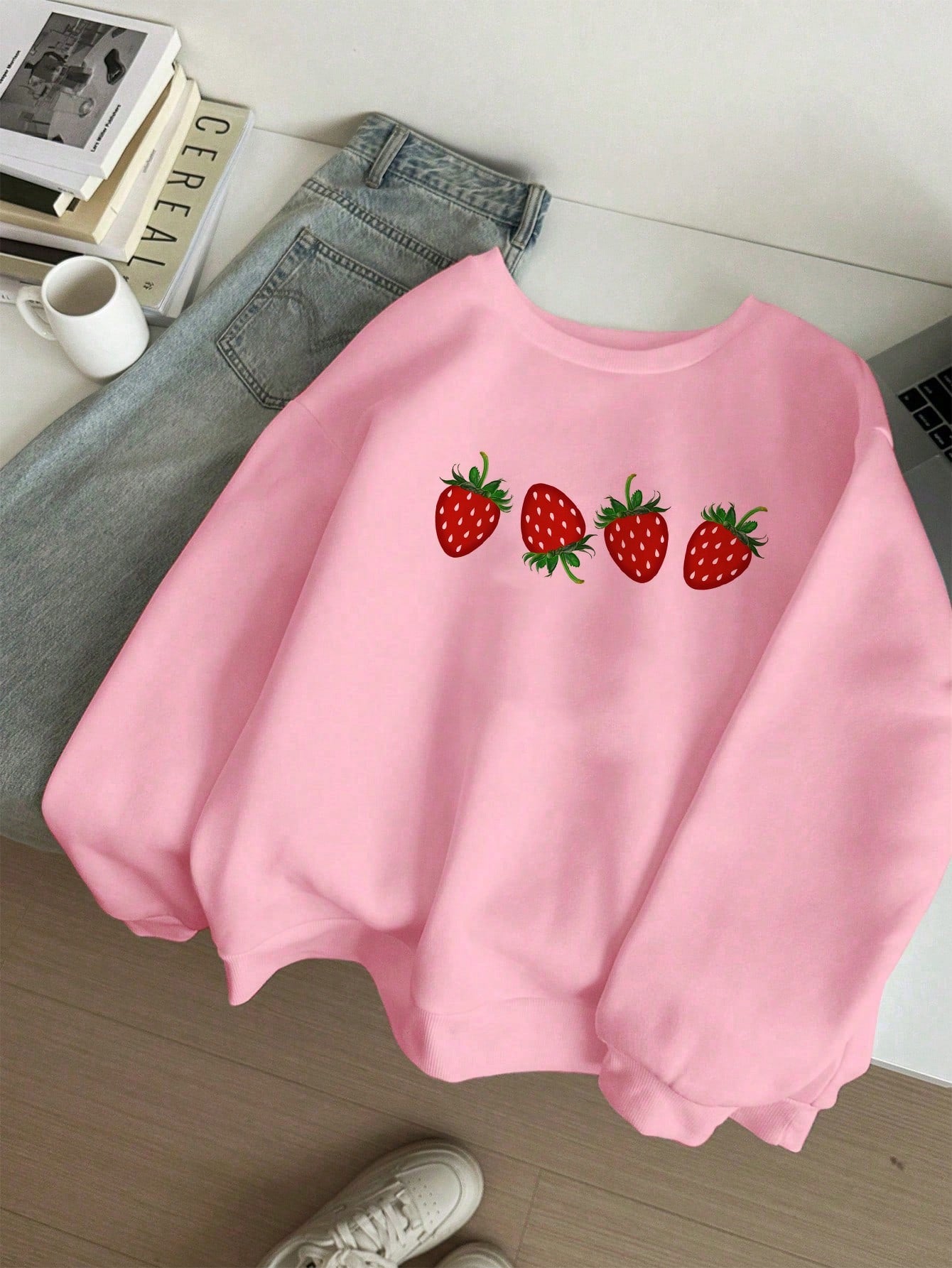 Casual And Minimalistic White Cherry Printed Round Neck Loose Women's Sweatshirt With Long Sleeves