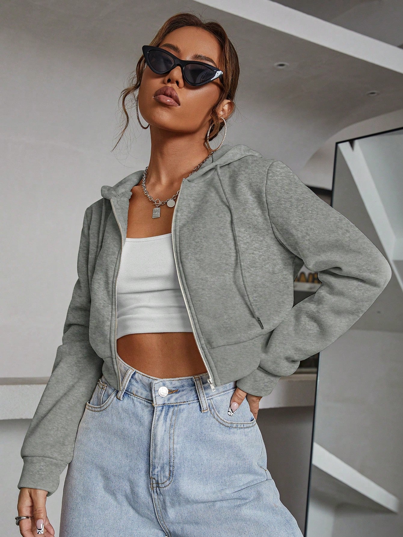 Zipper Up Drawstring Crop Hoodie