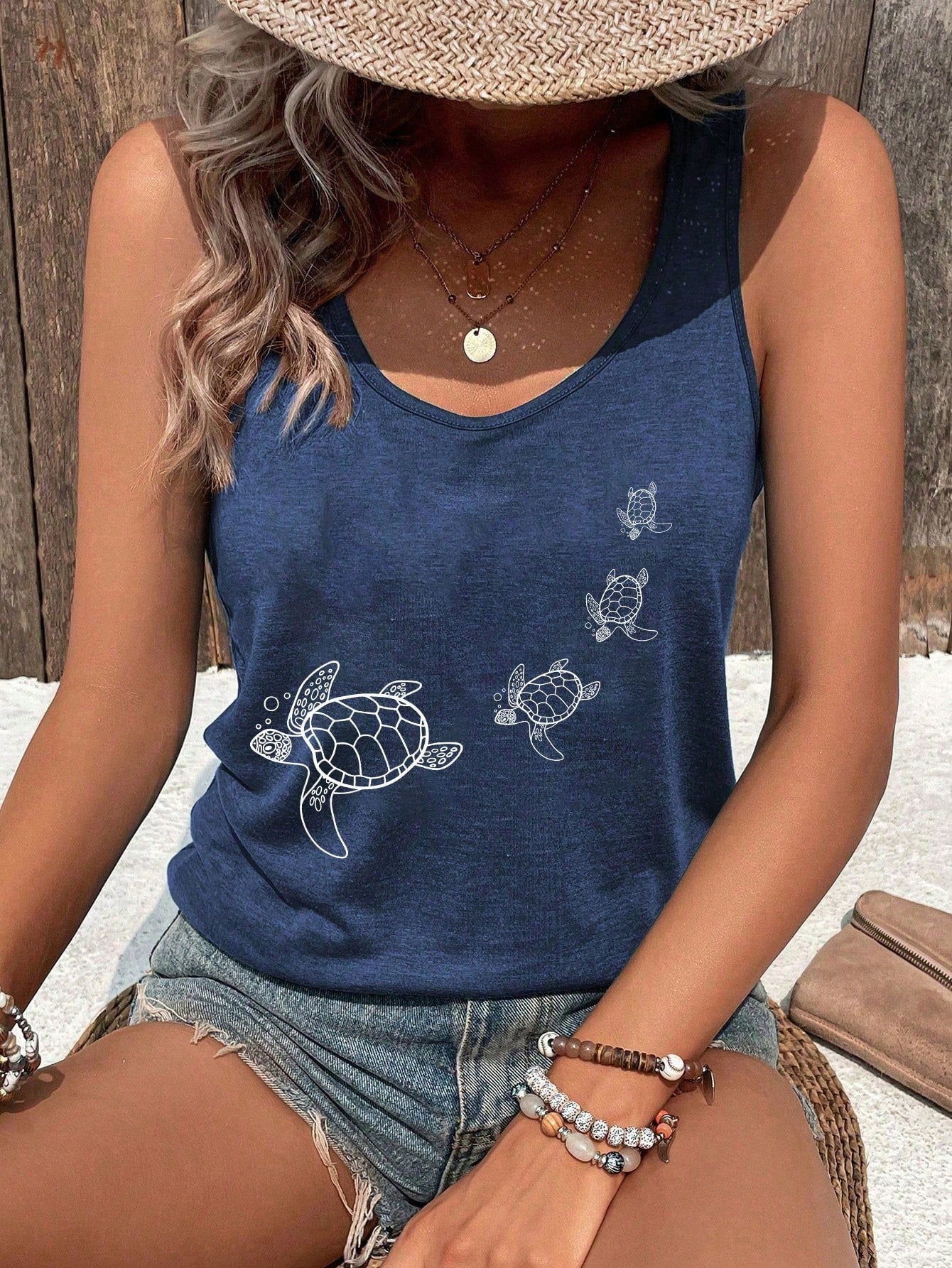 Ladies' Sleeveless Turtle Printed Blue Summer Top