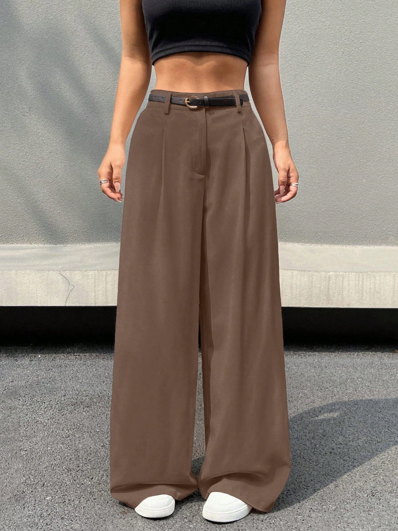 Women's Pleated High Waist Belted Wide Leg Casual & Commuting Pants In Beige