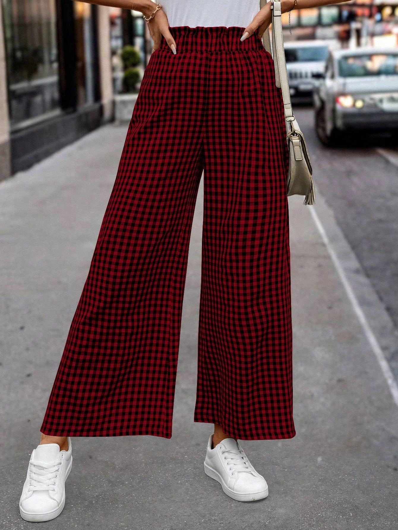 Women's Plaid Printed Paper Bag Waist Casual Wide Leg Pants - Random Pattern