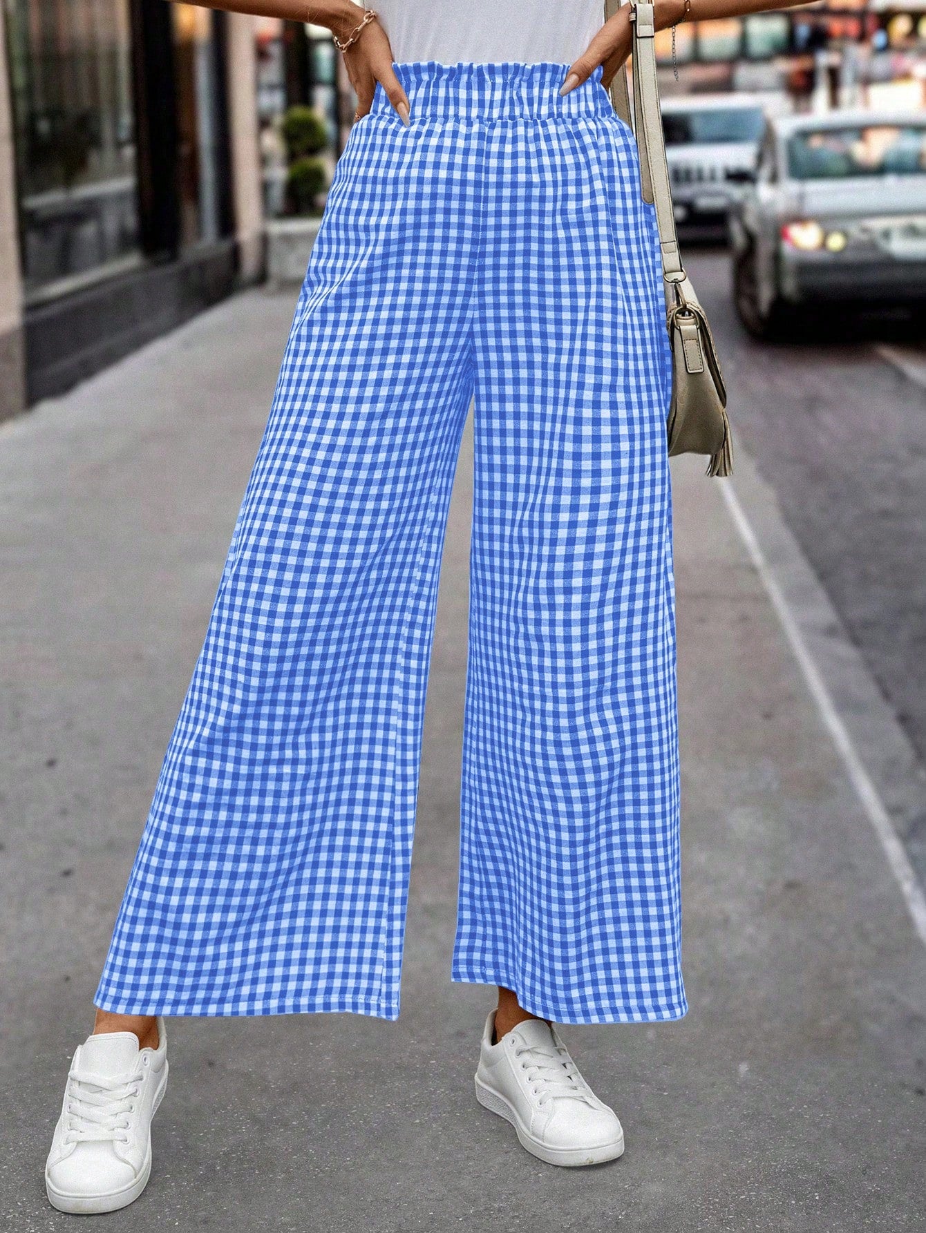 Women's Plaid Printed Paper Bag Waist Casual Wide Leg Pants - Random Pattern