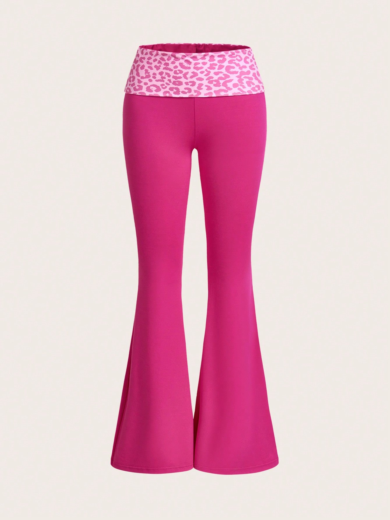 Y2k Pink Leopard Print Spliced Fold-Over Waist Flare Pants With Super Low Rise