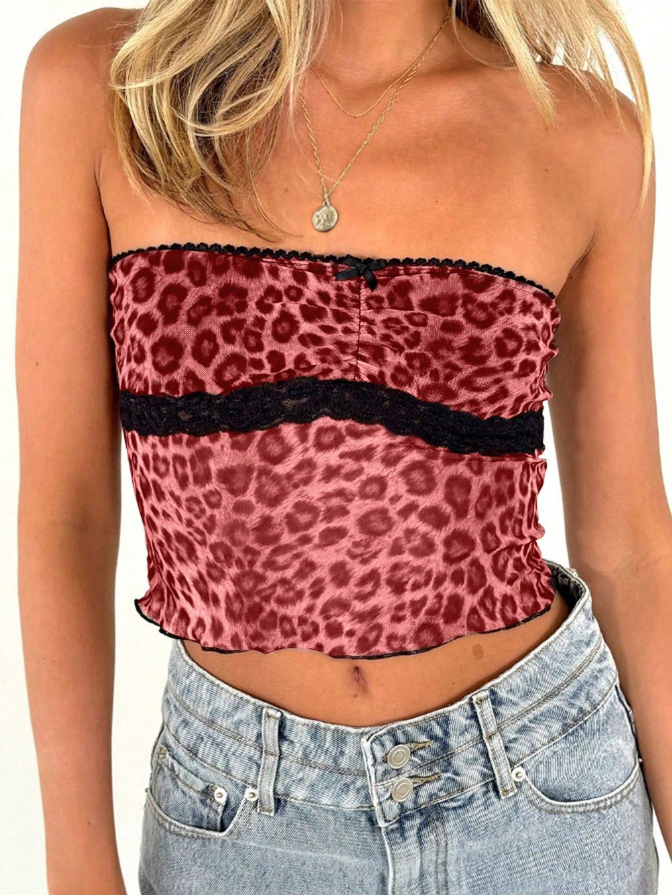 Women's Sexy Leopard Lace Mesh Printed Sheer Top