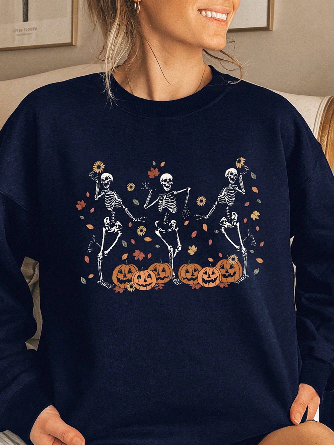 Women's Spring And Autumn Pumpkin Skull Print Round Neck Drop Shoulder Long Sleeve Casual Loose Sweatshirt