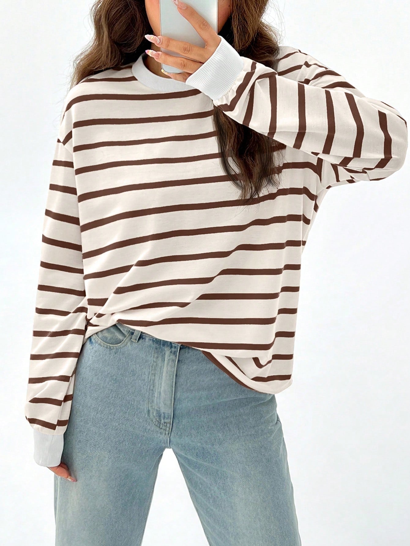 Spring White Striped Print Drop Shoulder Sweatshirt Hoodie