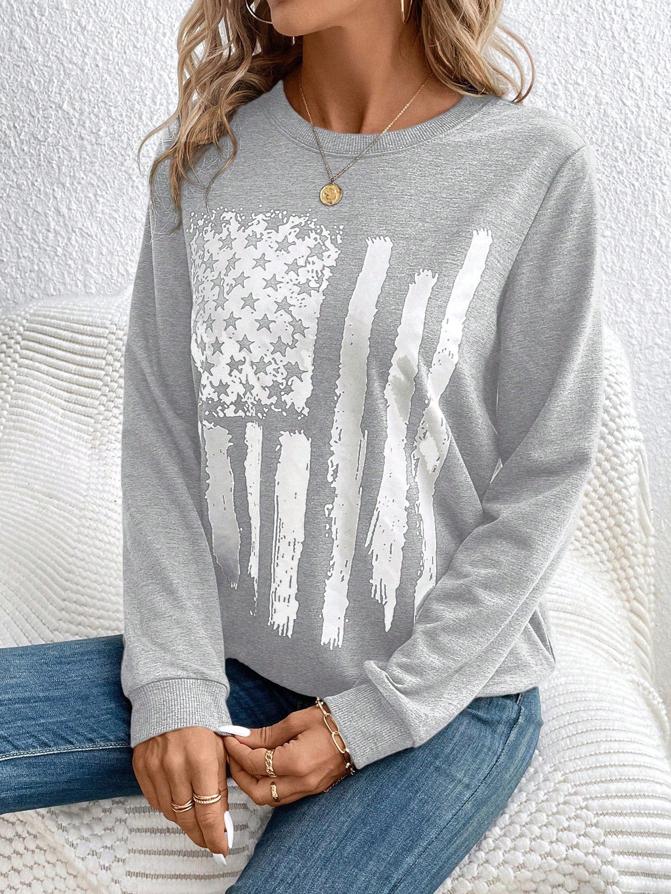 Women's Usa Flag Print Round Neck Sweatshirt