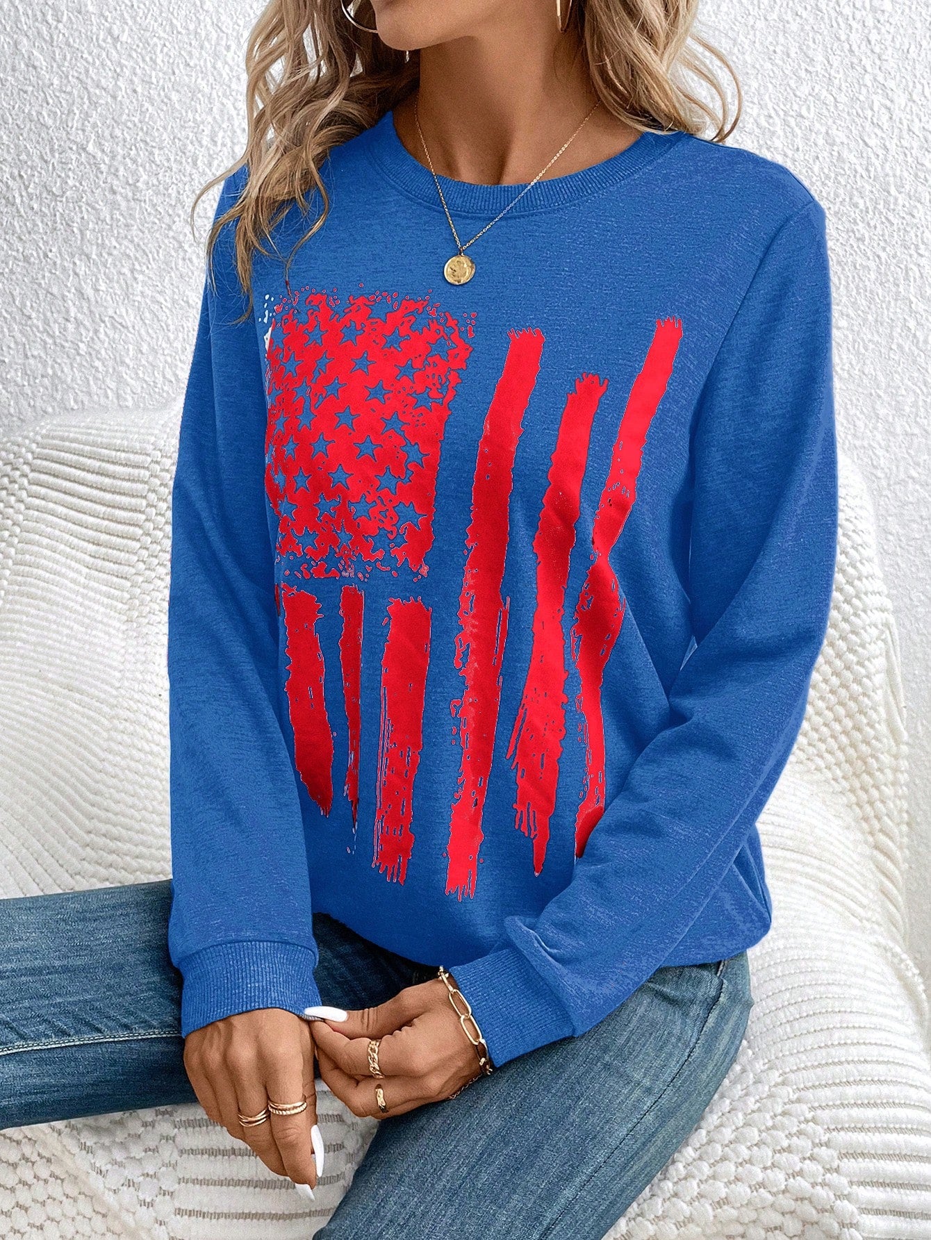 Women's Usa Flag Print Round Neck Sweatshirt