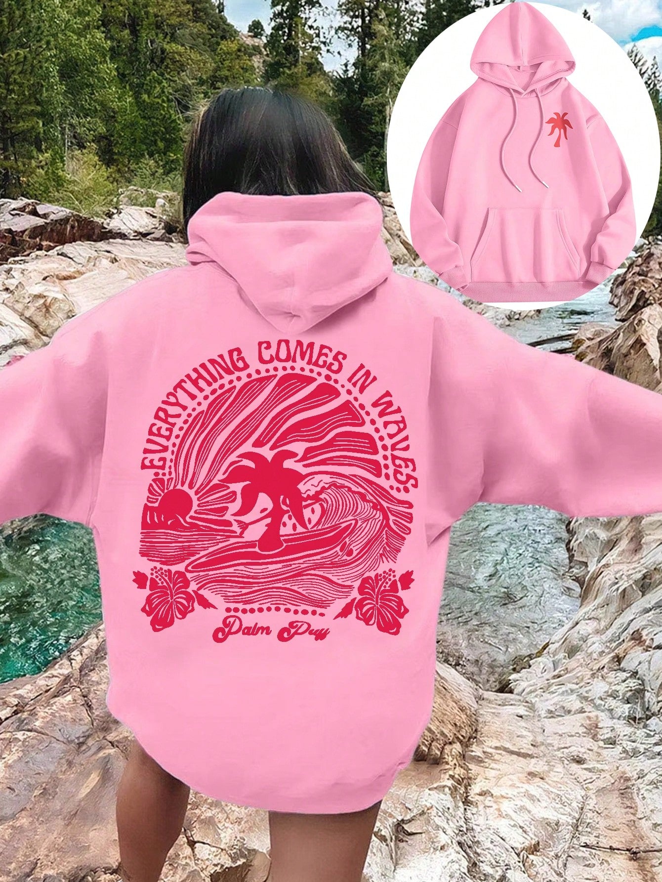 Women's Casual Vacation Tropical Print Drawstring Hooded Fleece Sweatshirt