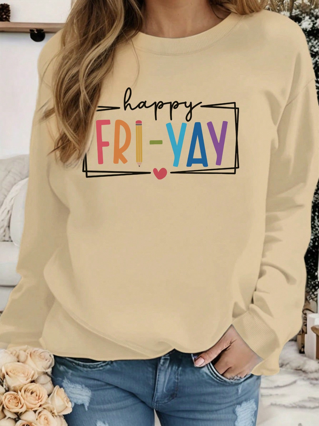 Women's Letter Printed Round Neck Hoodie Coffee  Baggy Sweater Kinda Day