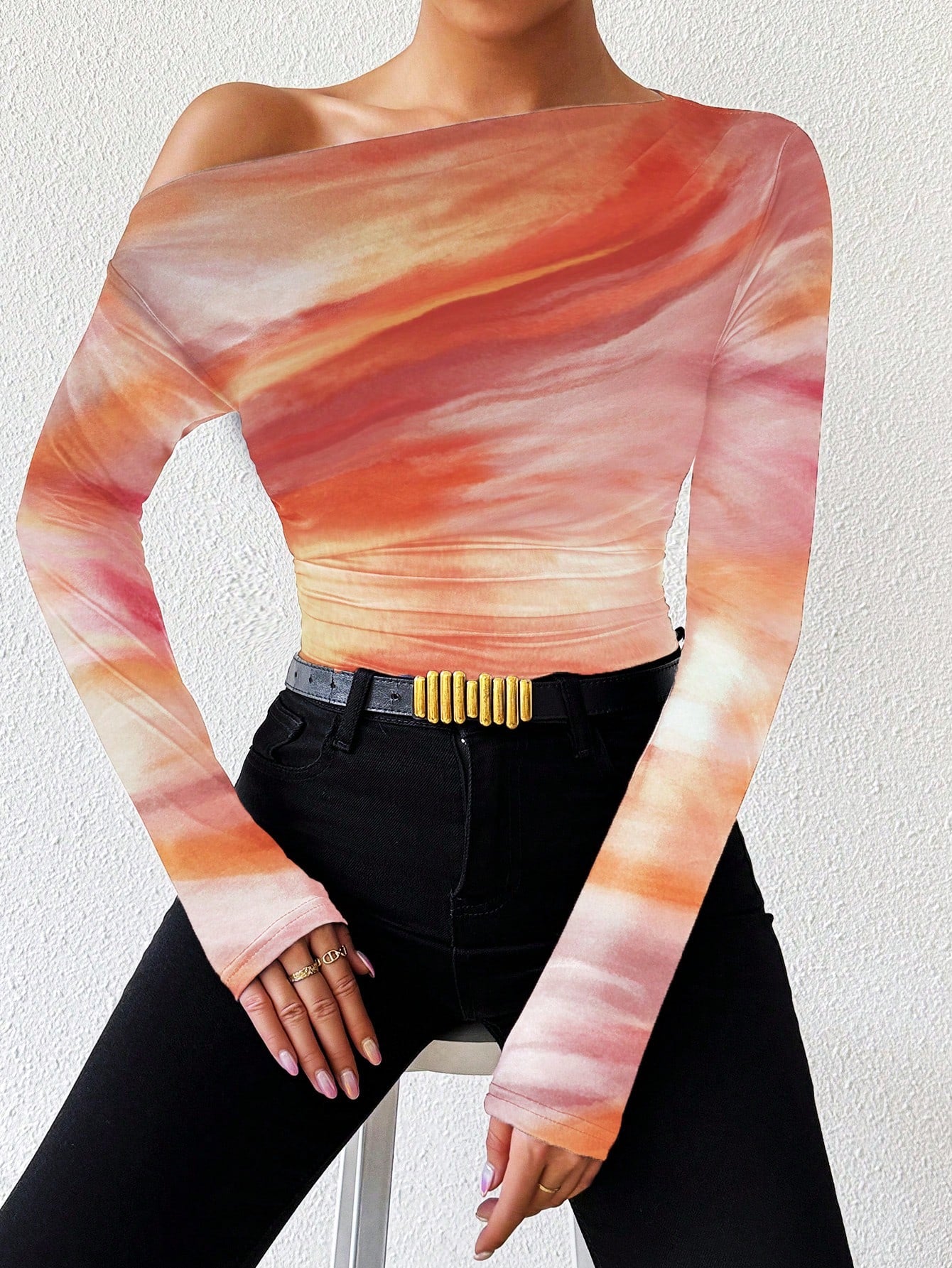 Raffinéa Marble Gradient Print Asymmetric Asymmetrical Neck Long Sleeve T-Shirt With Pleats