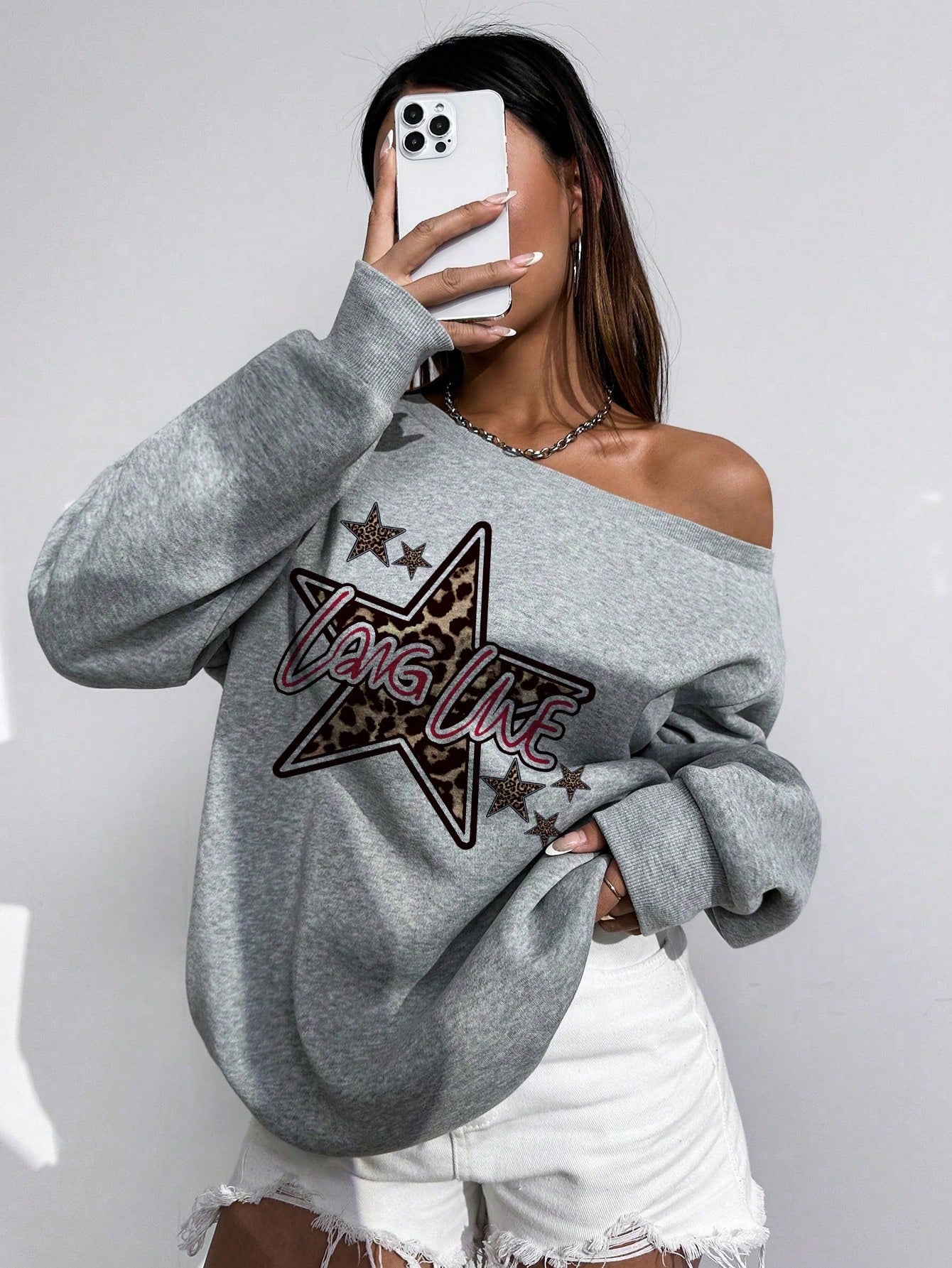 Asymmetrical Shoulder Loose Solid Color Sweatshirt, Spring And Autumn Style