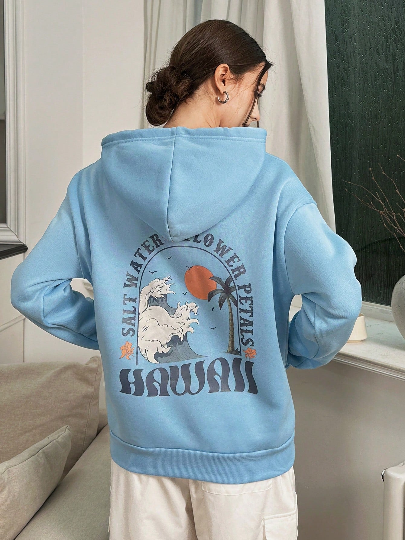 Hawaiian, Coconut Beach & Letter Graphic Fashion Hoodie, SALT WATER FLOWER PETALS HAWAII