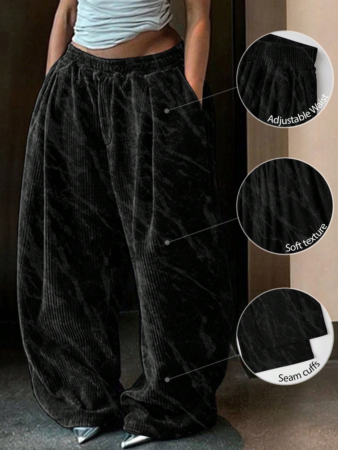 Women's Casual Solid Color Wide Leg Baggy Pants, Loose Pants