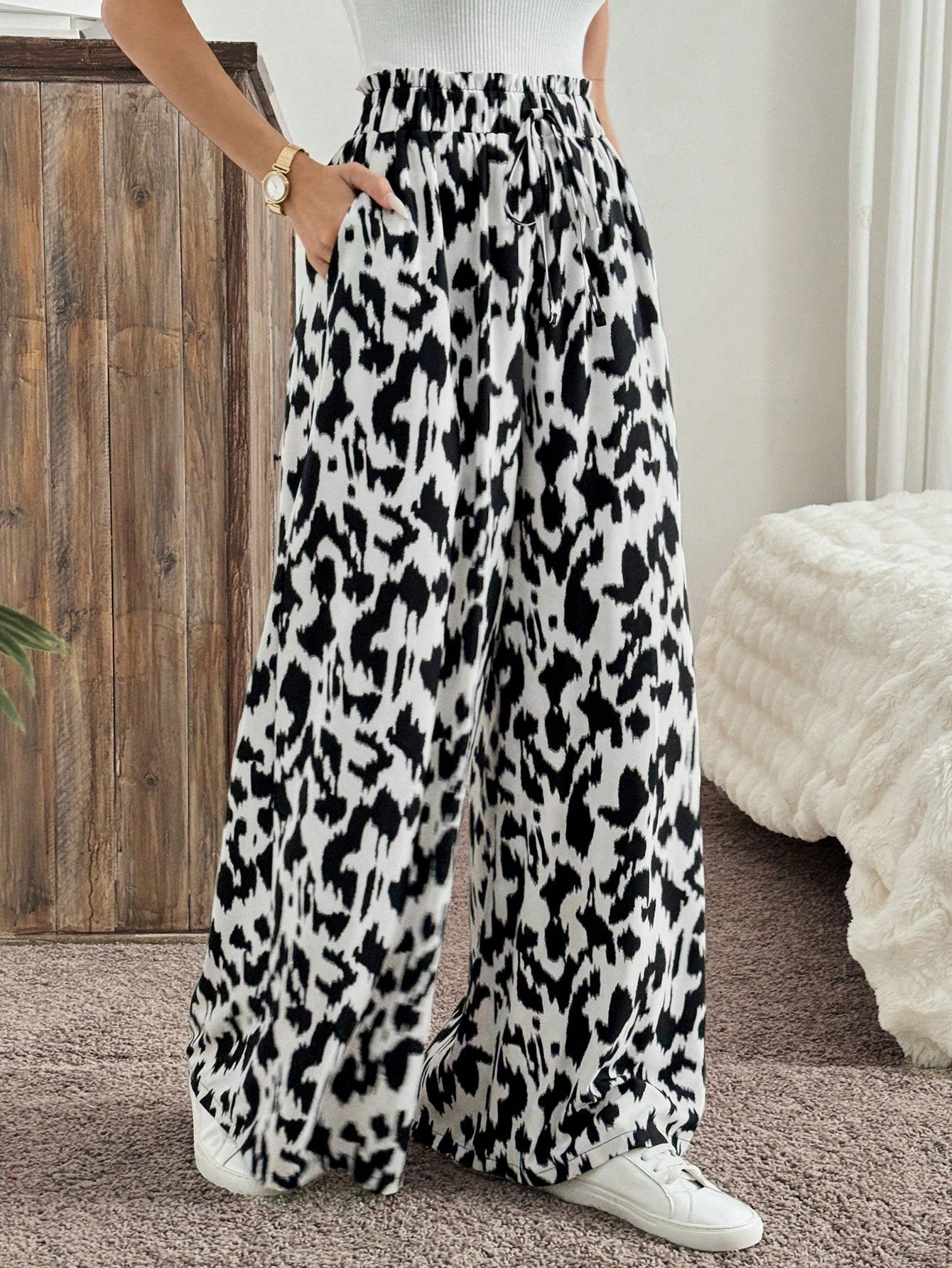 Women Fashionable High Waist Leopard Print Super Wide-Leg Pants