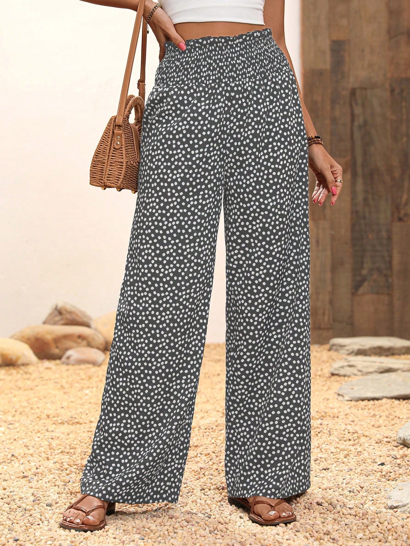 Floral Printed Elastic Waist Wide Leg Pants