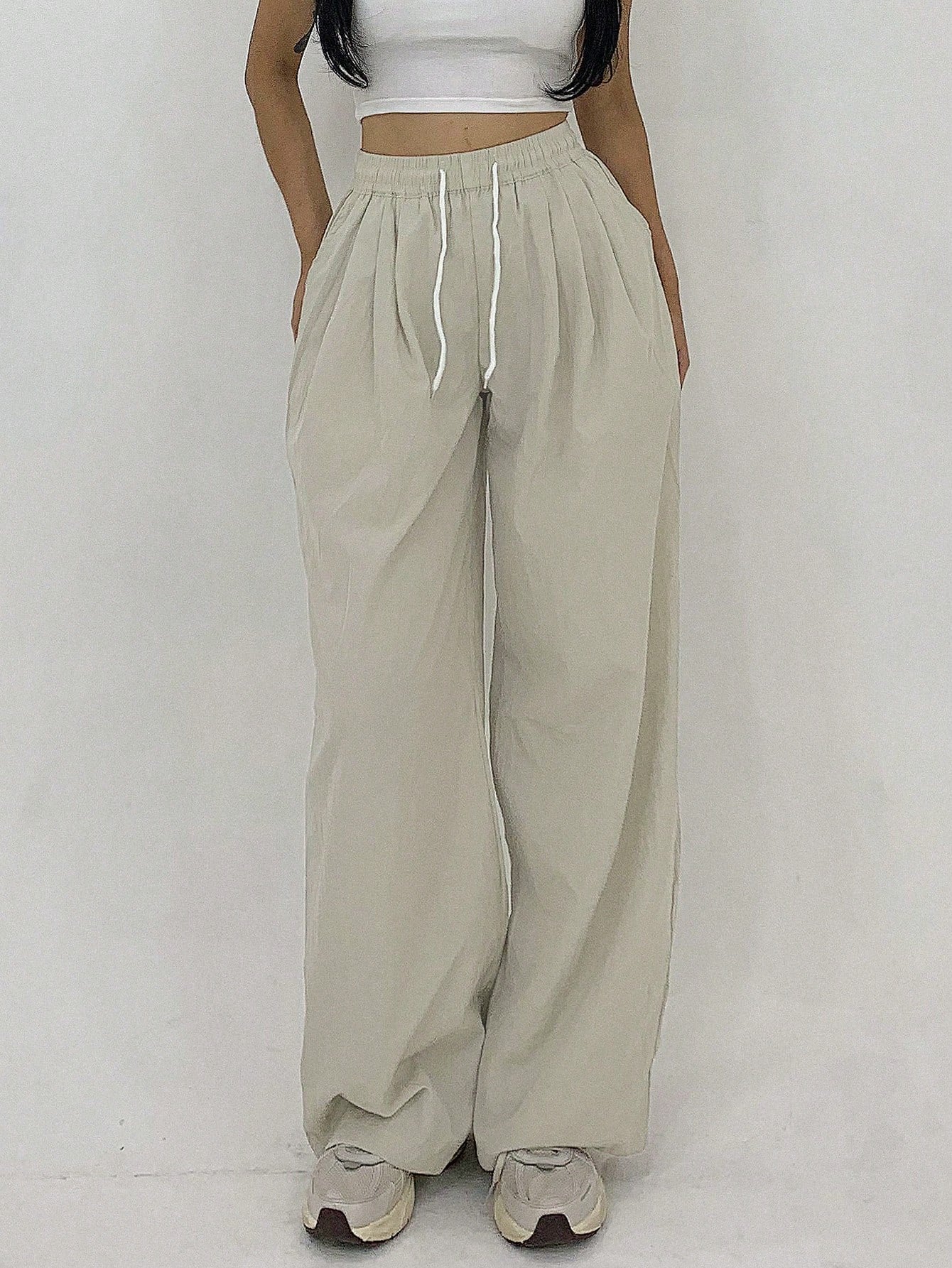 FRIFUL Women Solid Color Minimalist Casual Draw String Straight Leg Pants